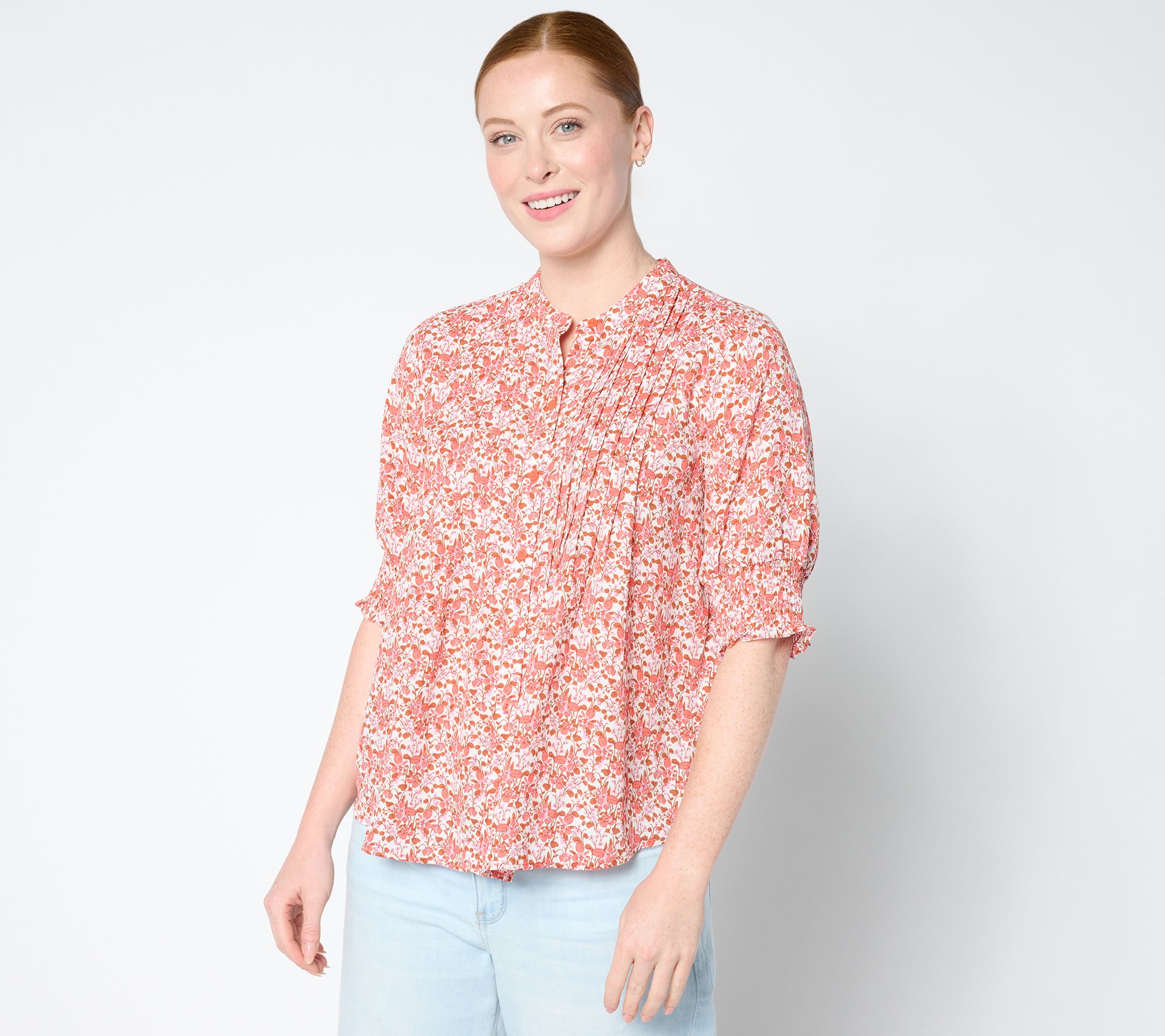 "As Is" NYDJ Short Sleeve Pleated Peasant Blouse - Pollyanna