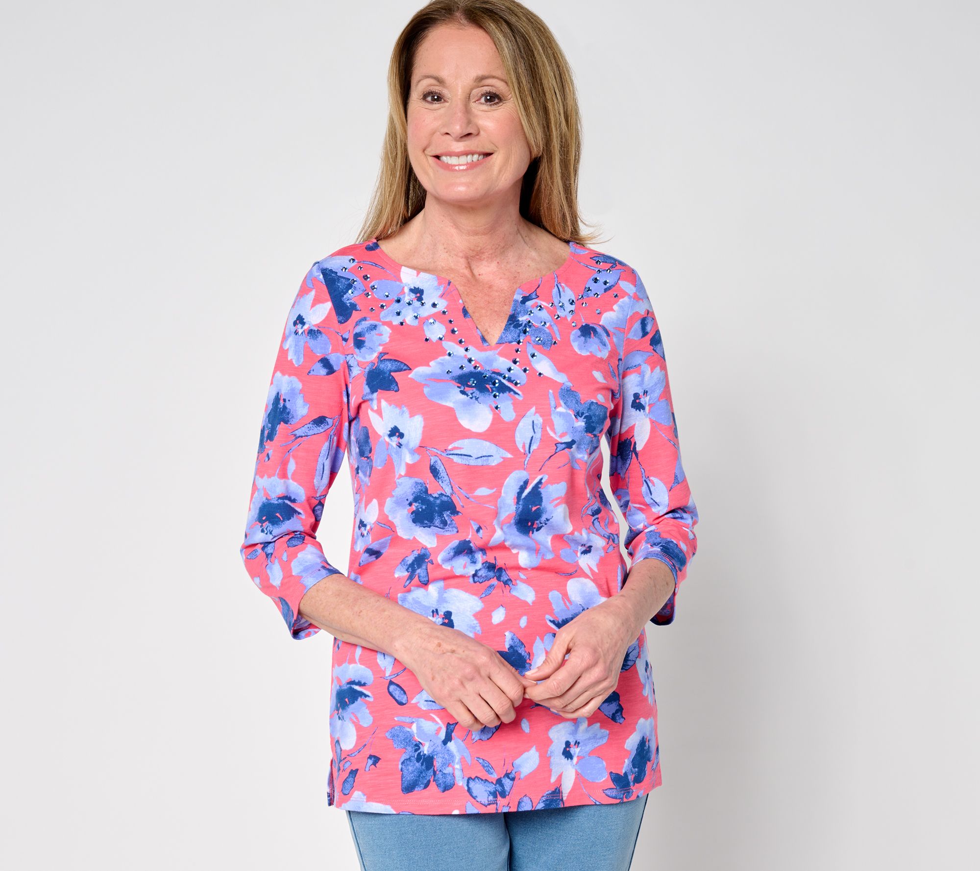Quacker Factory Something Blue Embellished Printed Top