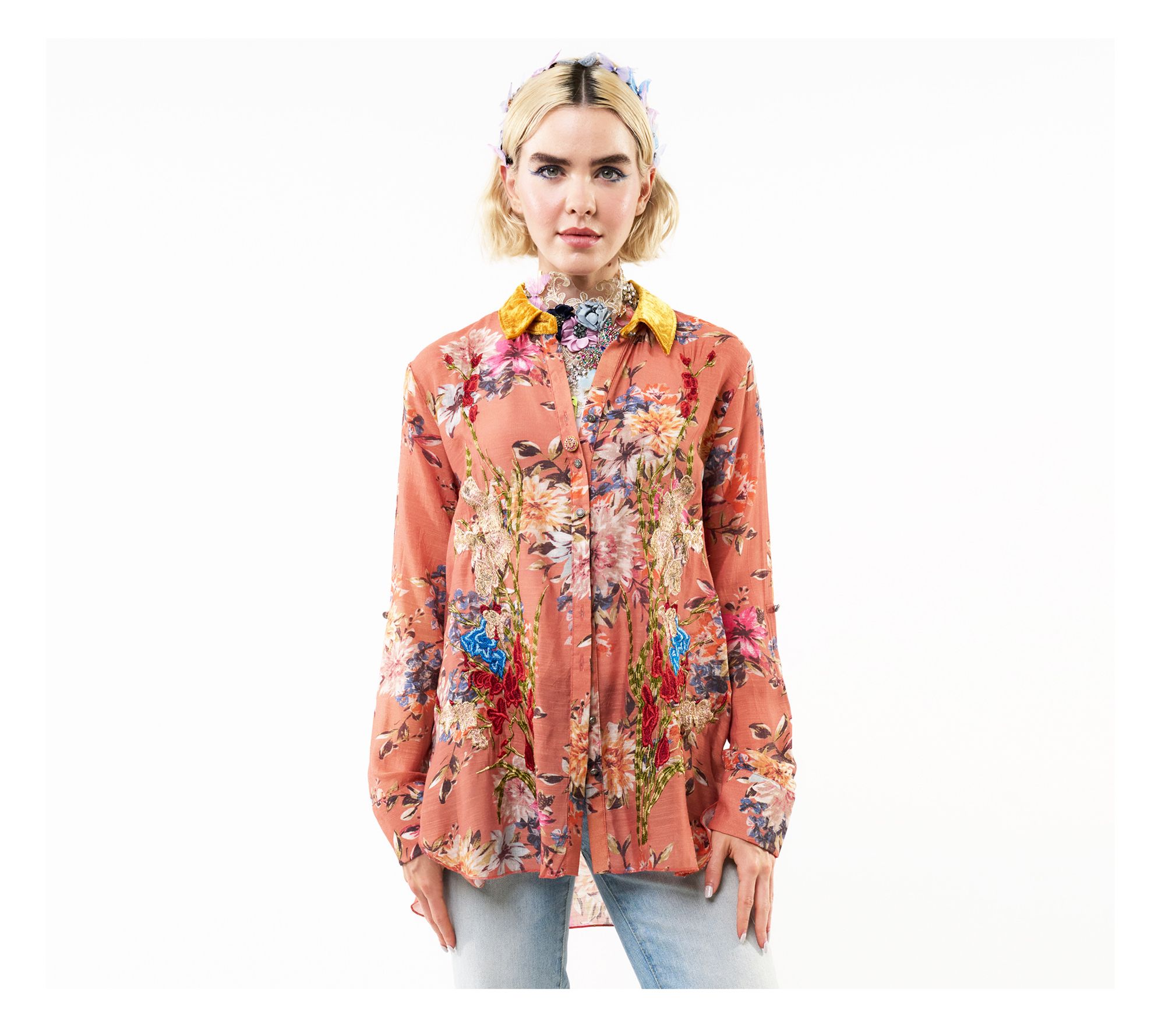 Aratta Gardenia Embroidered Button-Front Collared Shirt