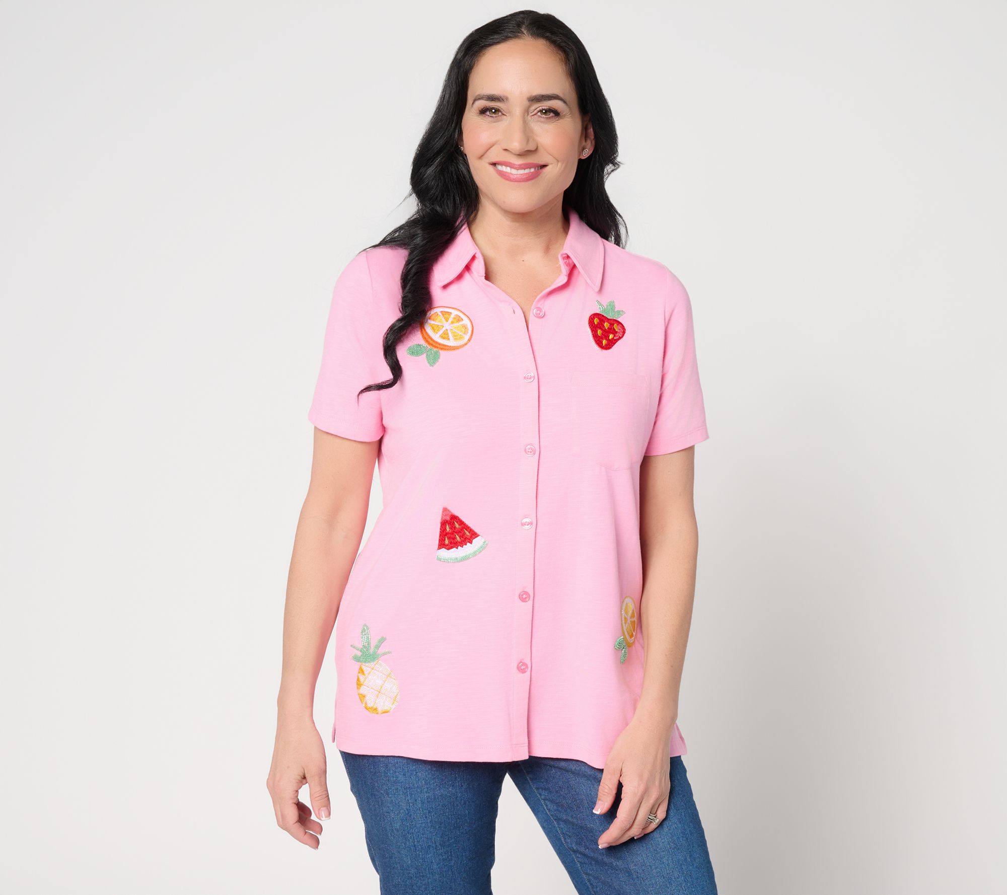 Quacker Factory Cutie Fruity Embroidered Short Sleeve Camp Shirt