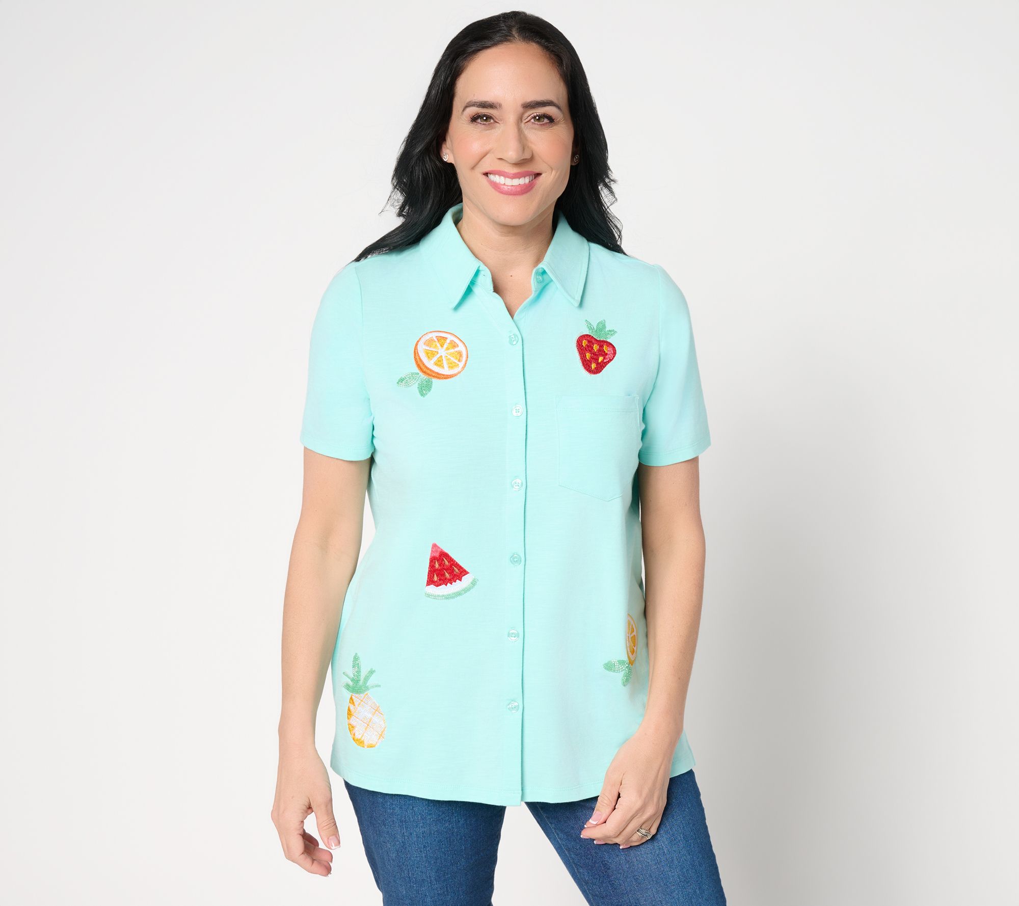 Quacker Factory Cutie Fruity Embroidered Short Sleeve Camp Shirt