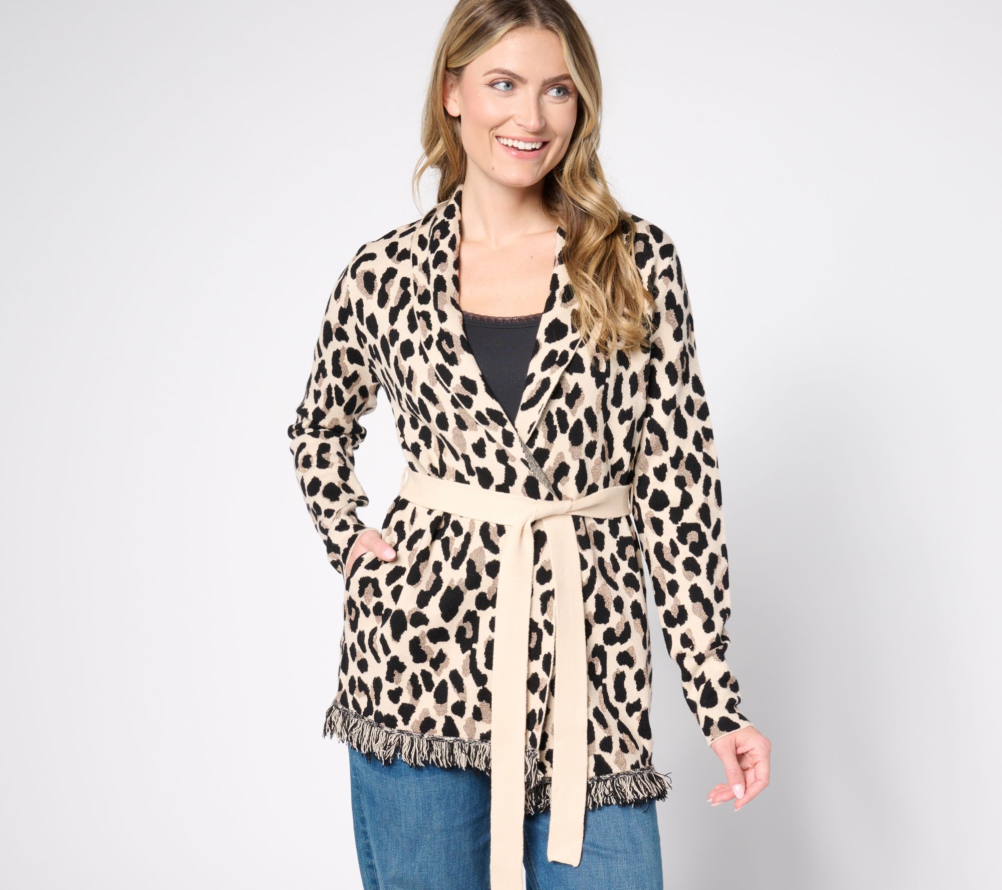 "As Is" Denim & Co. Signature Petite Jacquard Fringe Cardigan