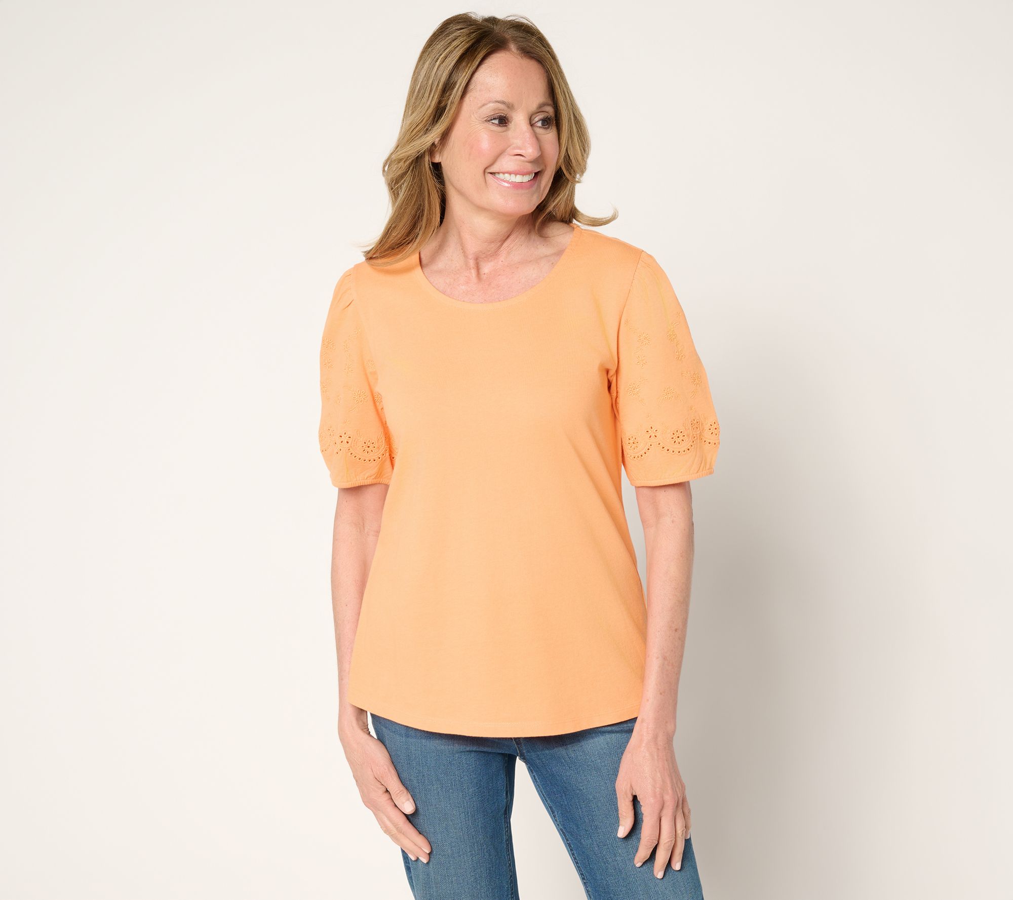 Denim & Co. 100% Cotton Embroidered Puff Sleeve Scoop Neck Top