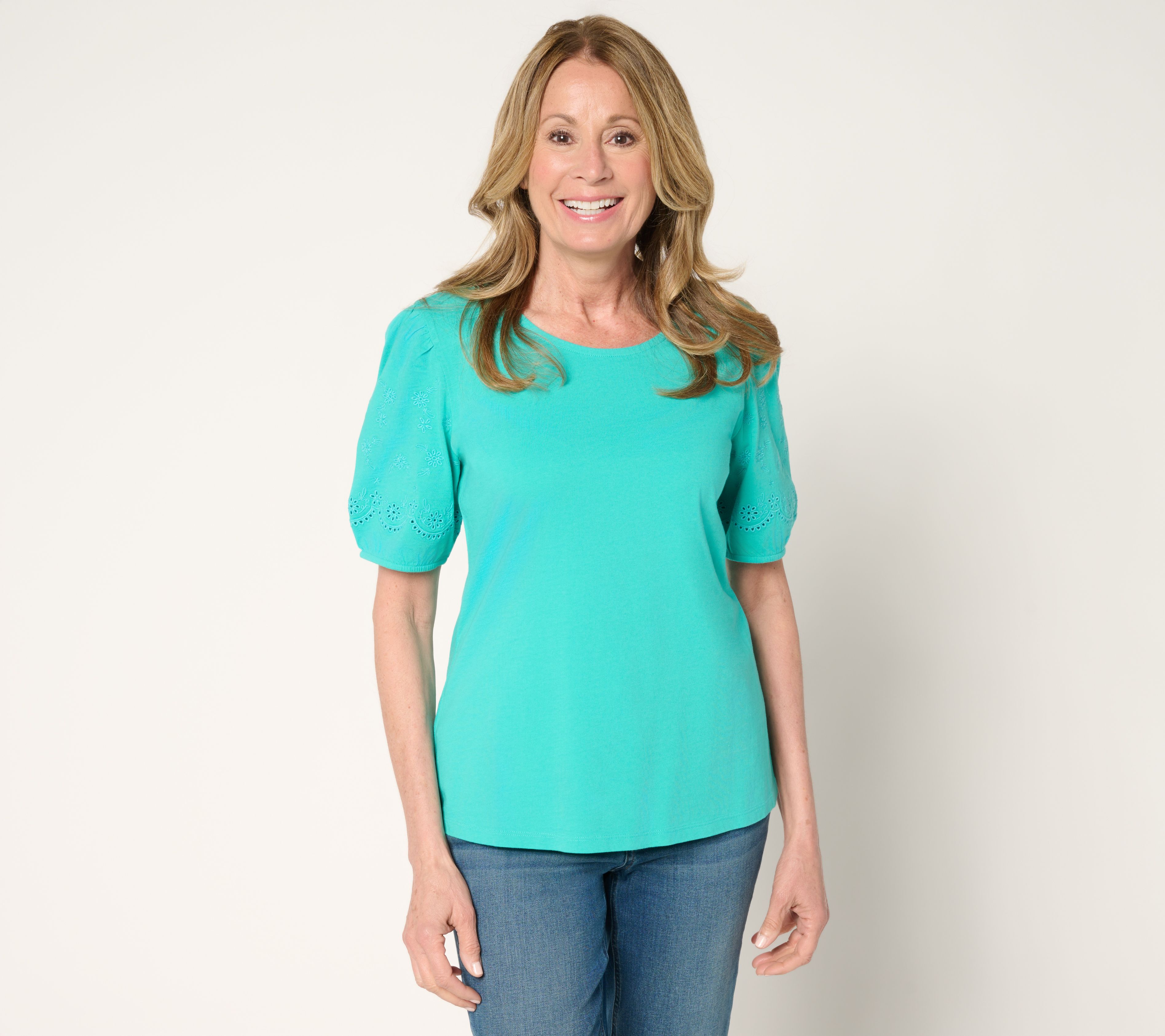 Denim & Co. 100% Cotton Embroidered Puff Sleeve Scoop Neck Top