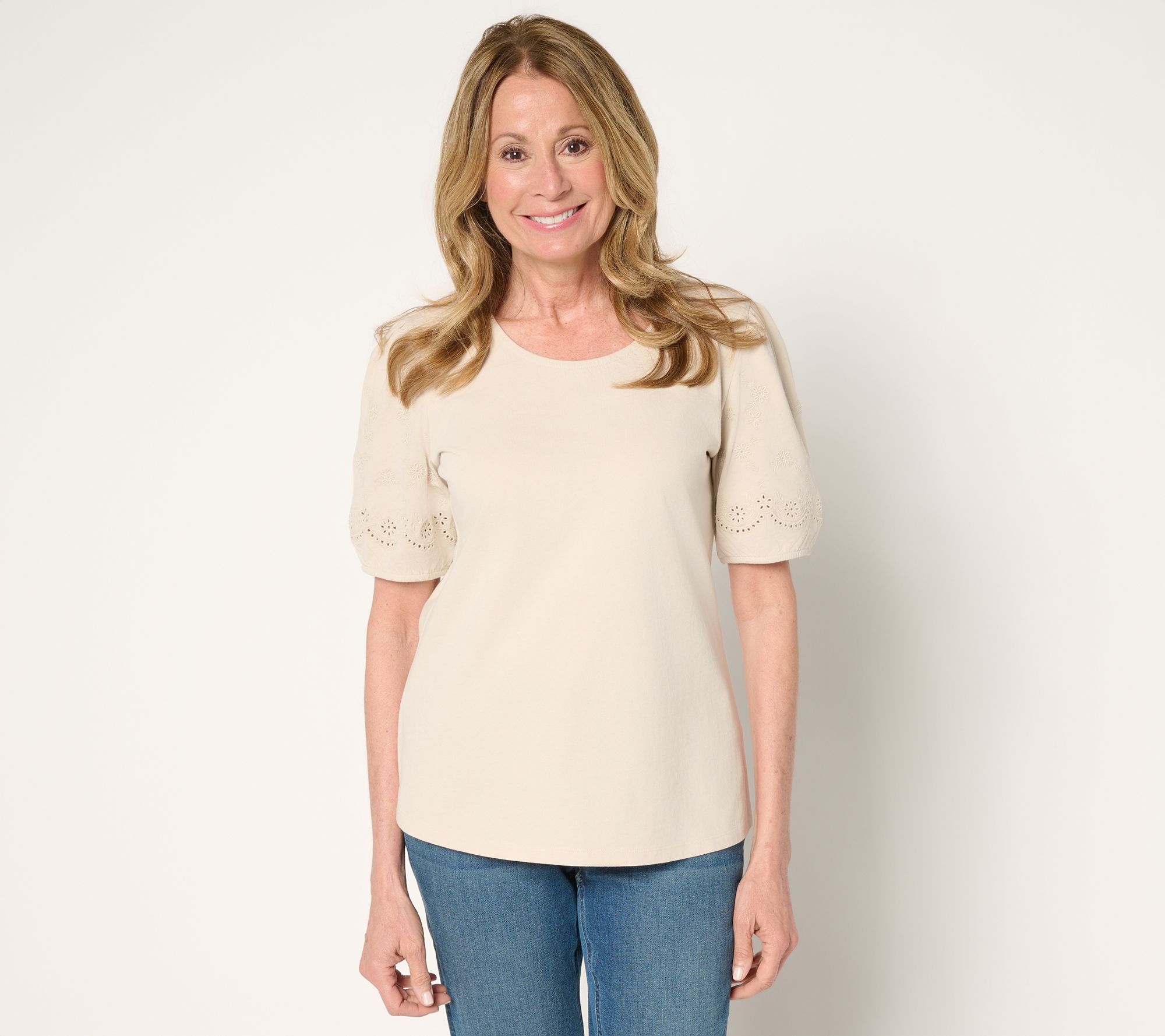 Denim & Co. 100% Cotton Embroidered Puff Sleeve Scoop Neck Top