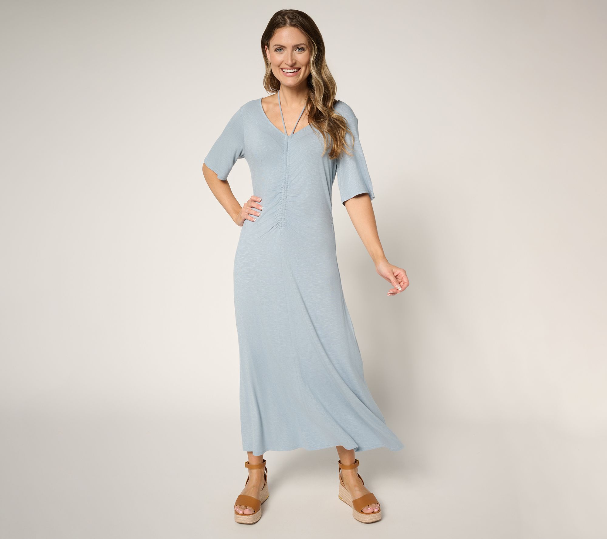 Peace Love World Petite Ruch Front Short Sleeve Midi Dress