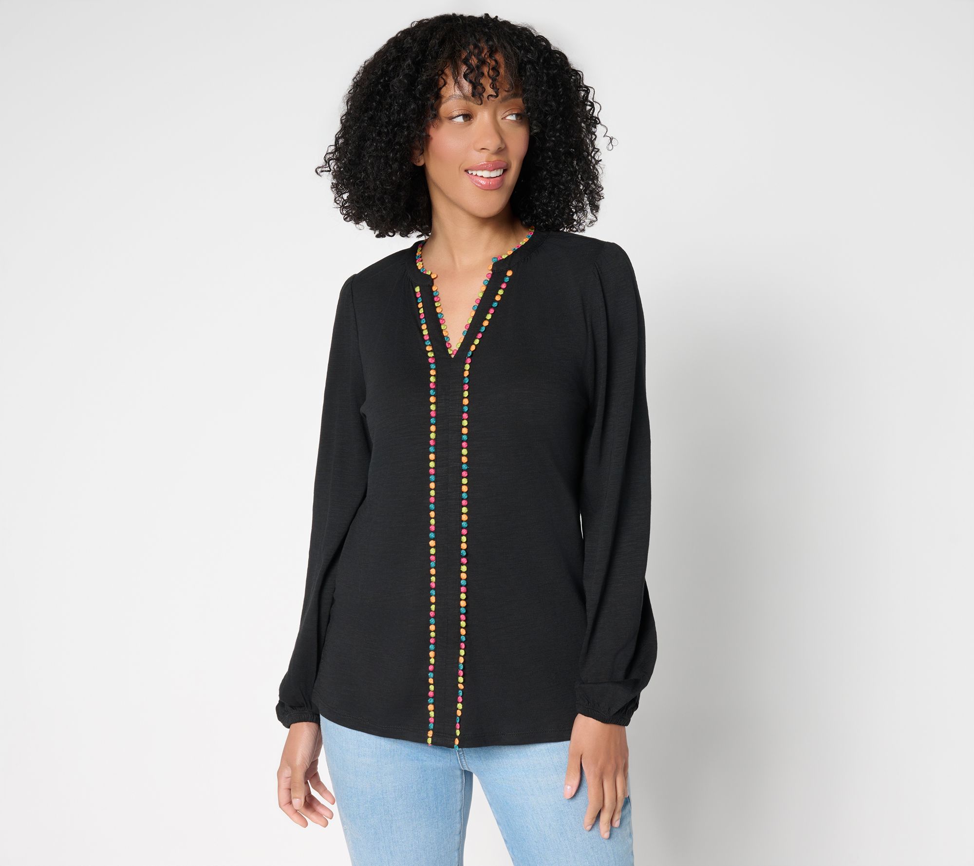 Belle by Kim Gravel Slub Knit Confetti Dot Multi Trim Top