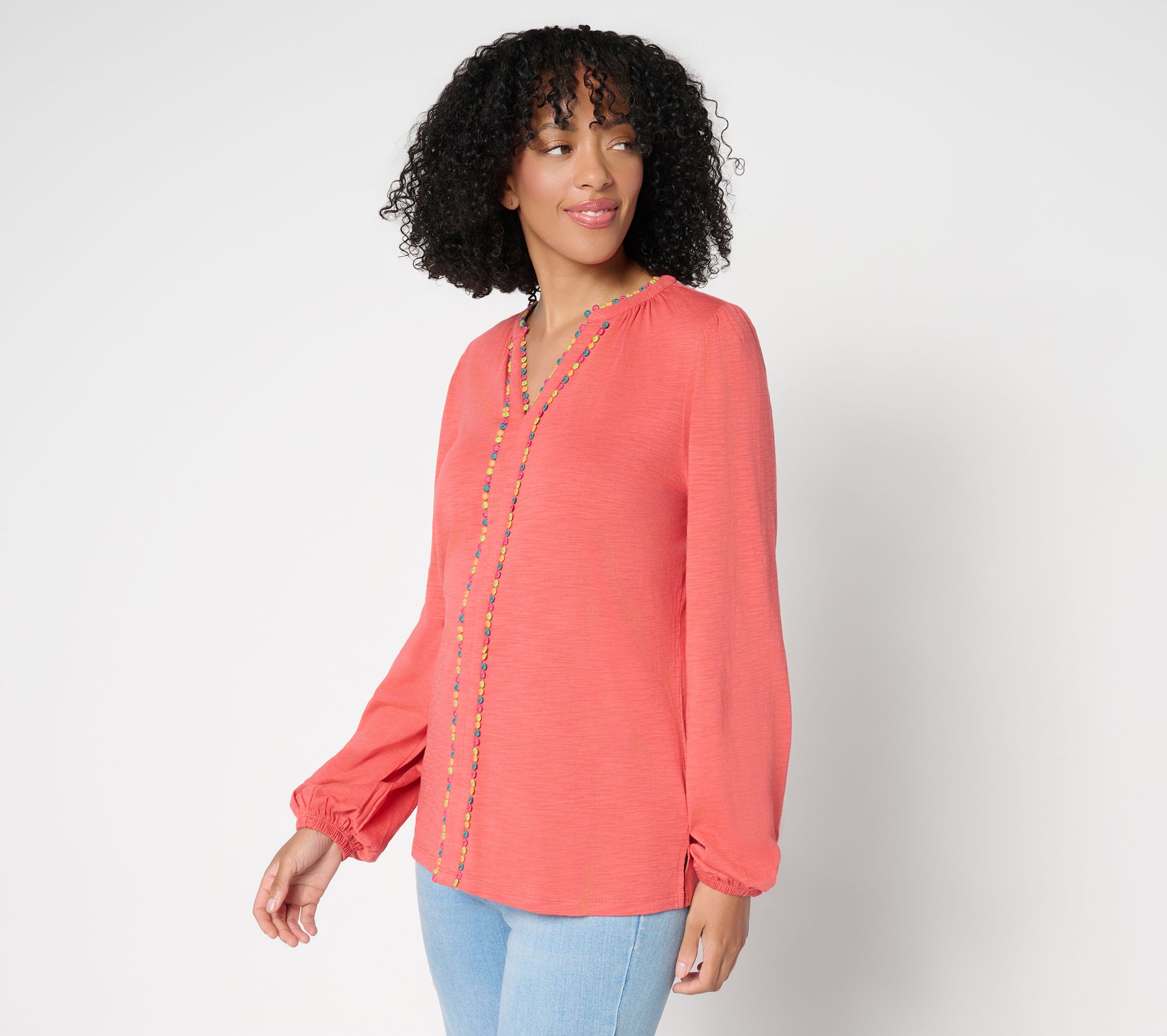 Belle by Kim Gravel Slub Knit Confetti Dot Multi Trim Top