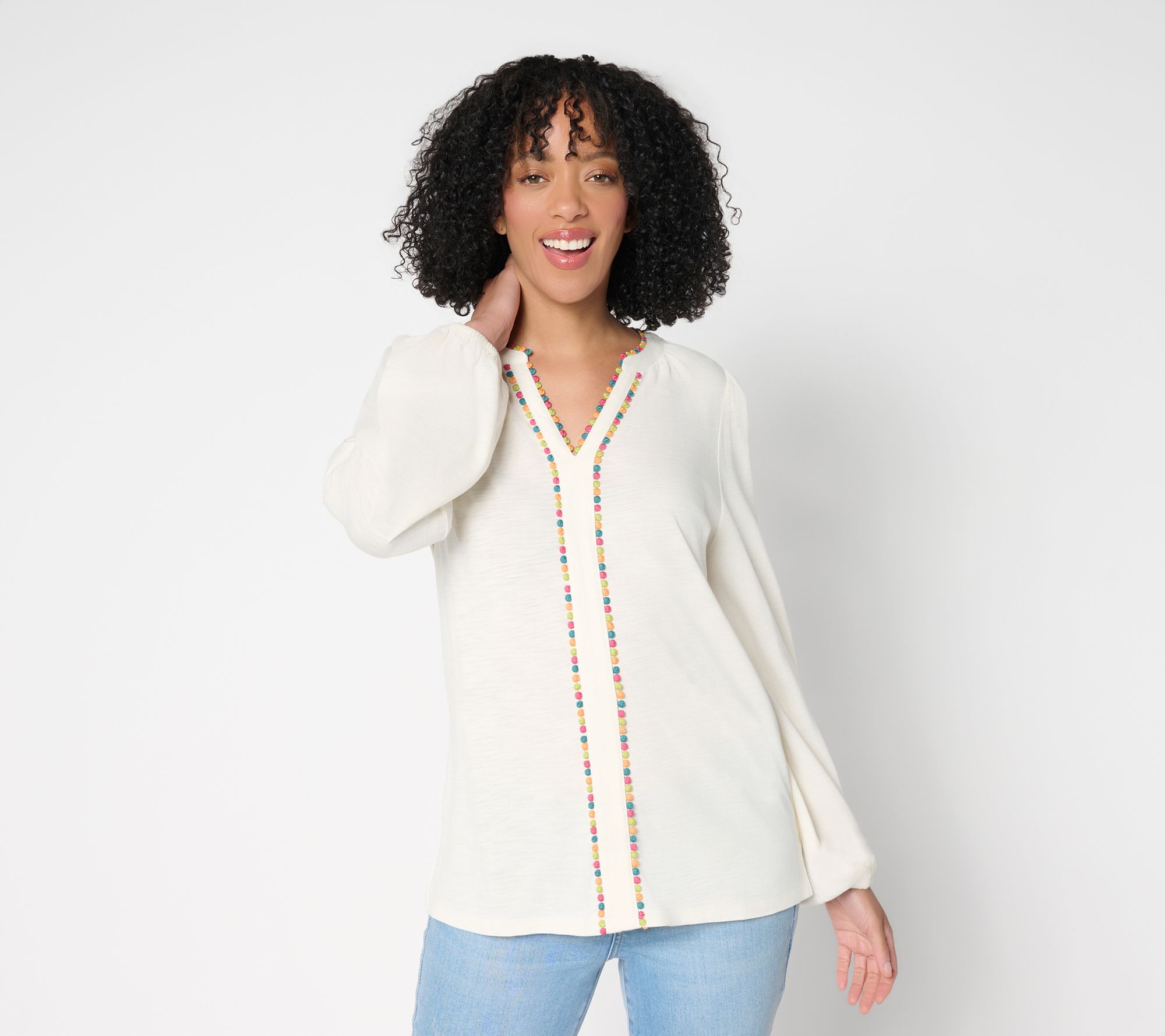 Belle by Kim Gravel Slub Knit Confetti Dot Multi Trim Top