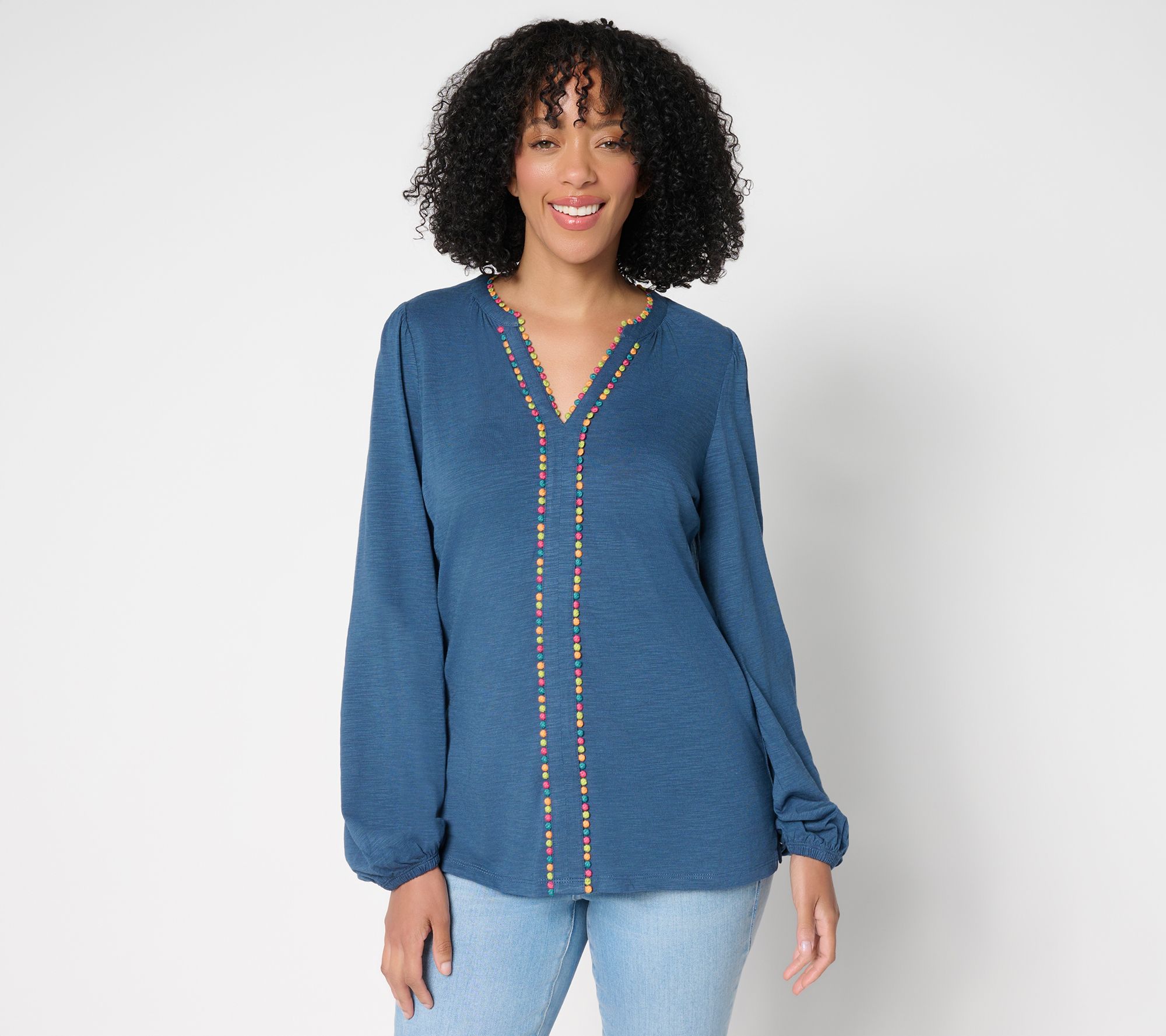 Belle by Kim Gravel Slub Knit Confetti Dot Multi Trim Top