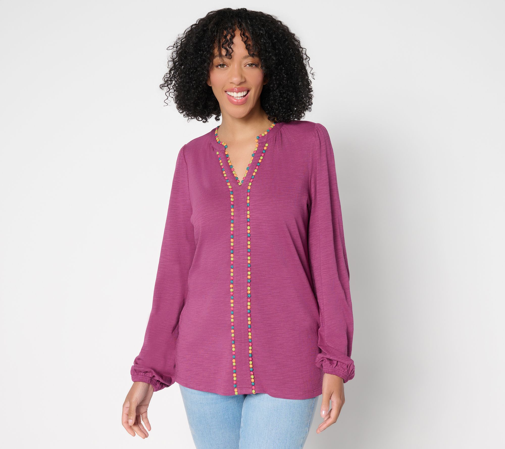 Belle by Kim Gravel Slub Knit Confetti Dot Multi Trim Top