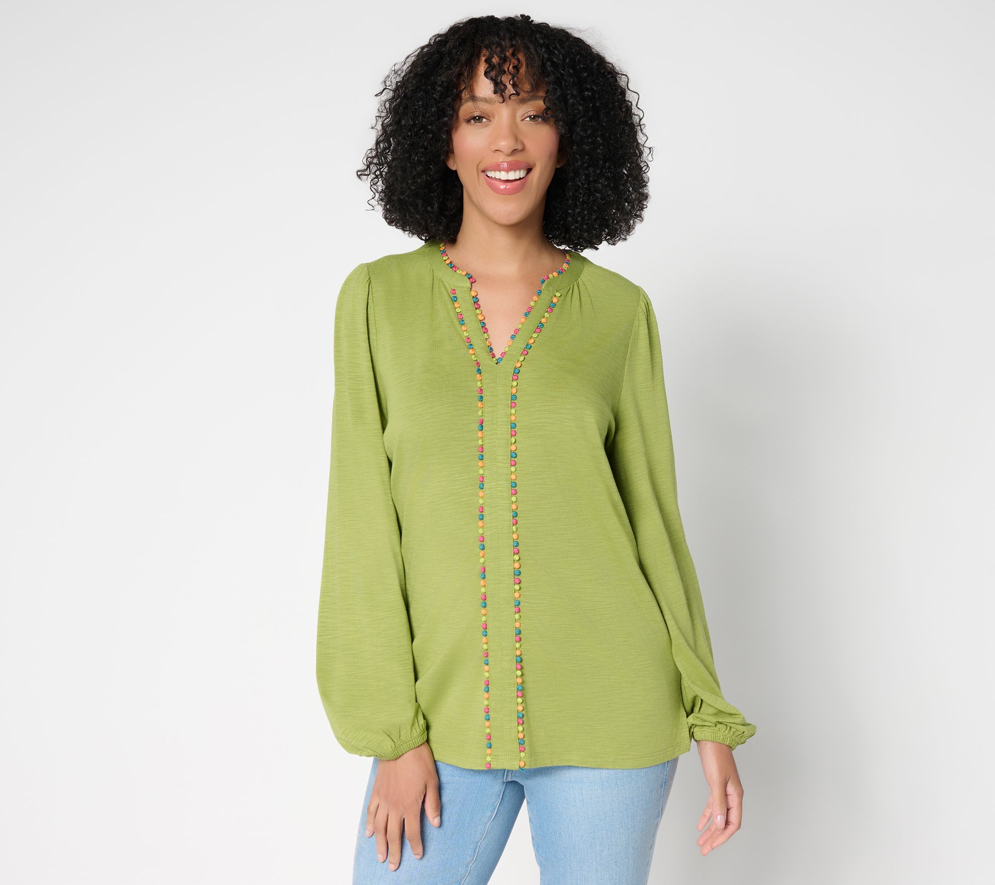 Belle by Kim Gravel Slub Knit Confetti Dot Multi Trim Top
