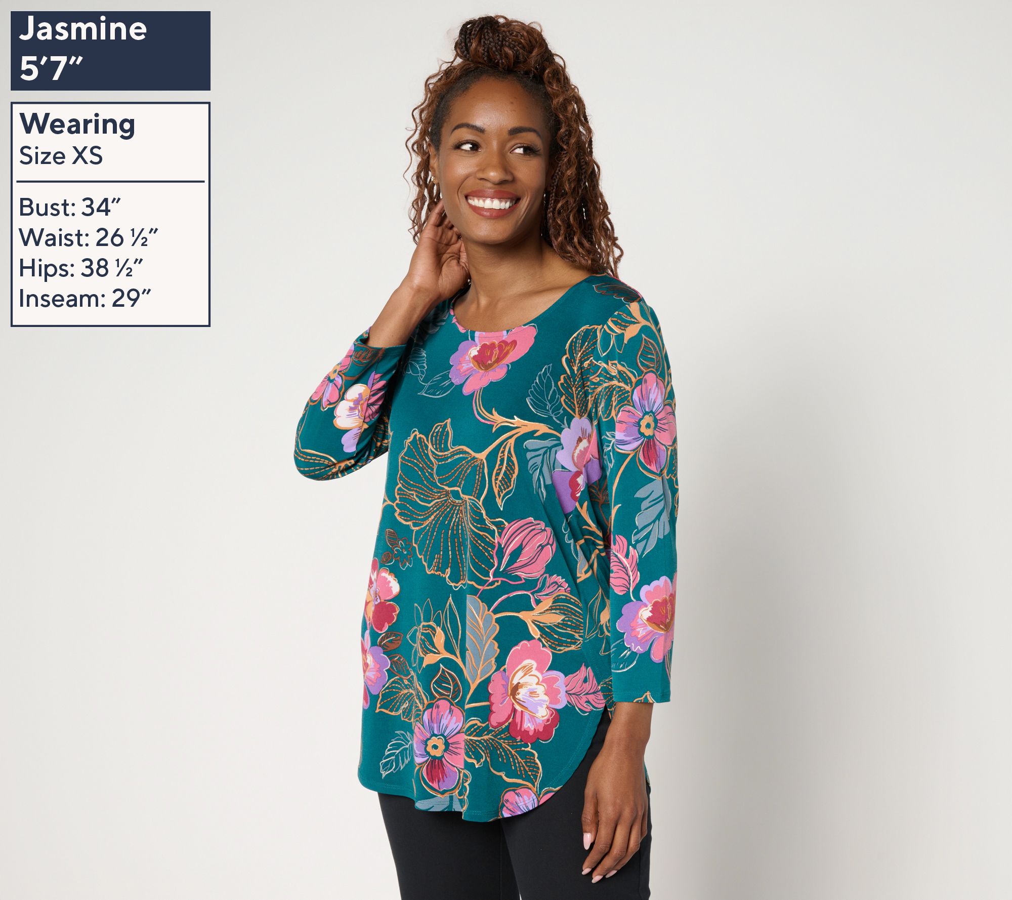 トップス SUSAN GRAVER flower pattern poly shirt Susan Graver Printed Liquid Knit Top with Chiffon Ruffle