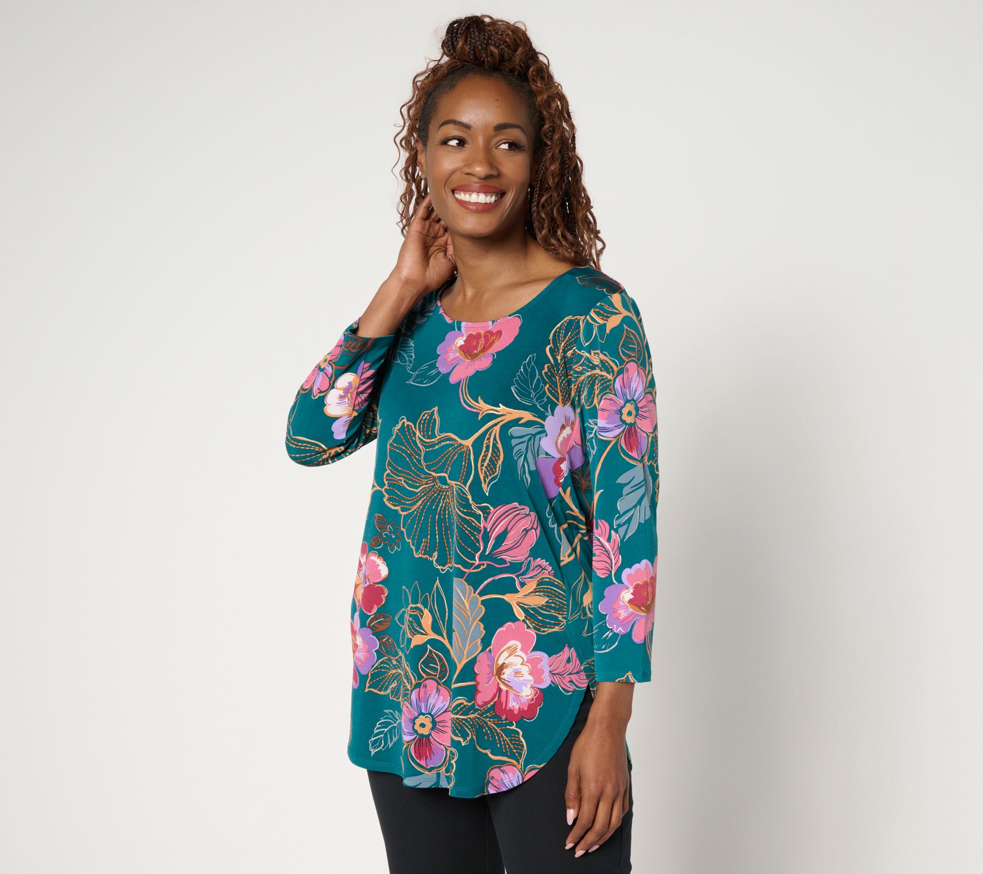 Susan Graver Petite Printed Liquid Knit Tulip Hem Tunic