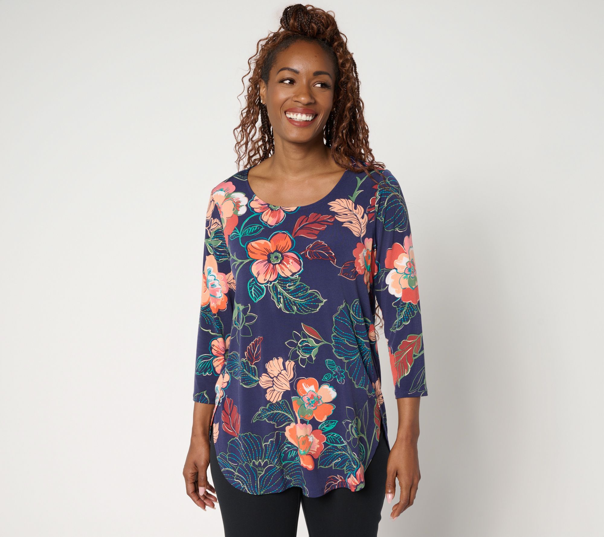 Susan Graver Petite Printed Liquid Knit Tulip Hem Tunic