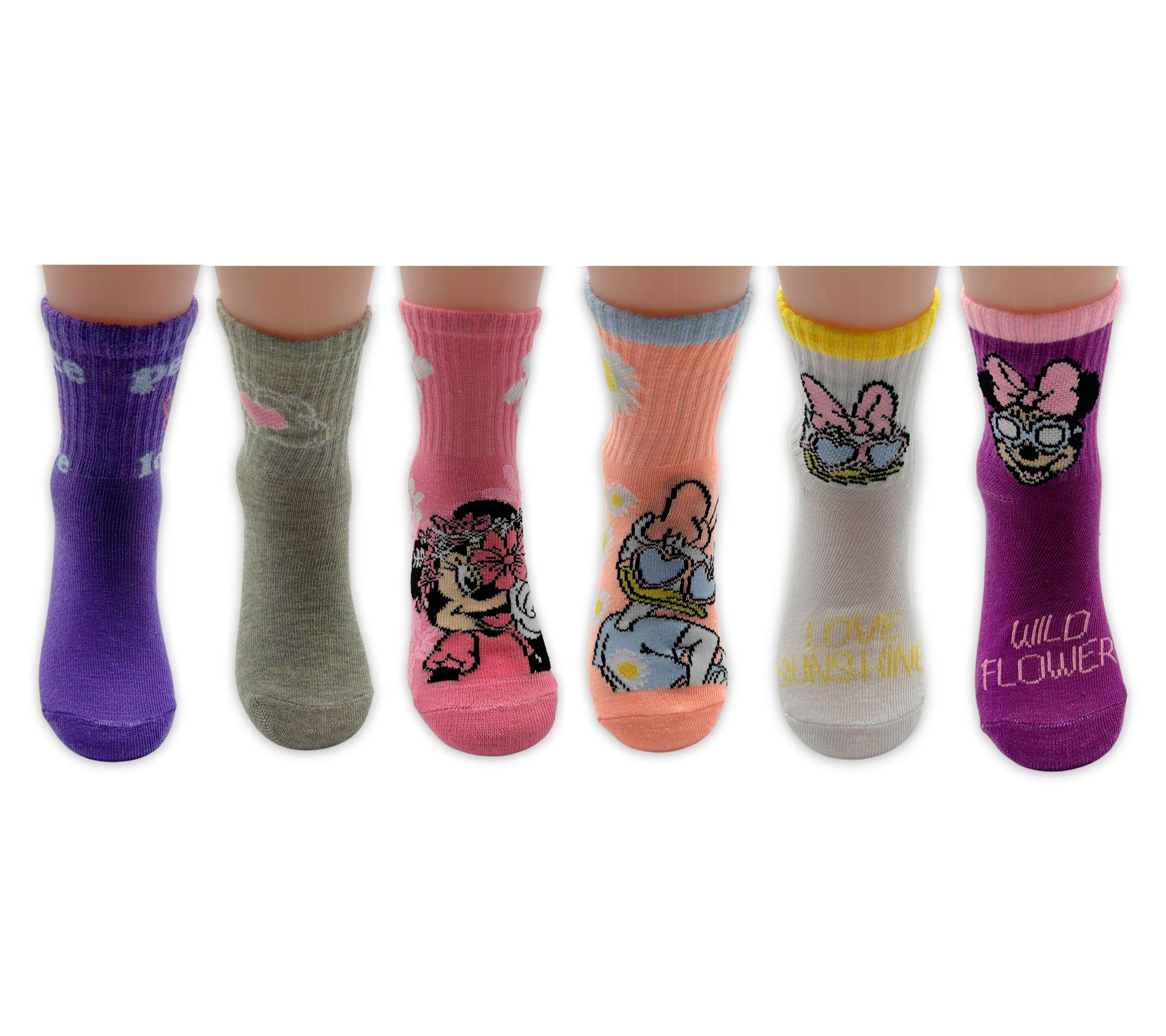 Disney Girls' Set of 6 Minnie & Crew Ribbed Mid-Crew Sock Set