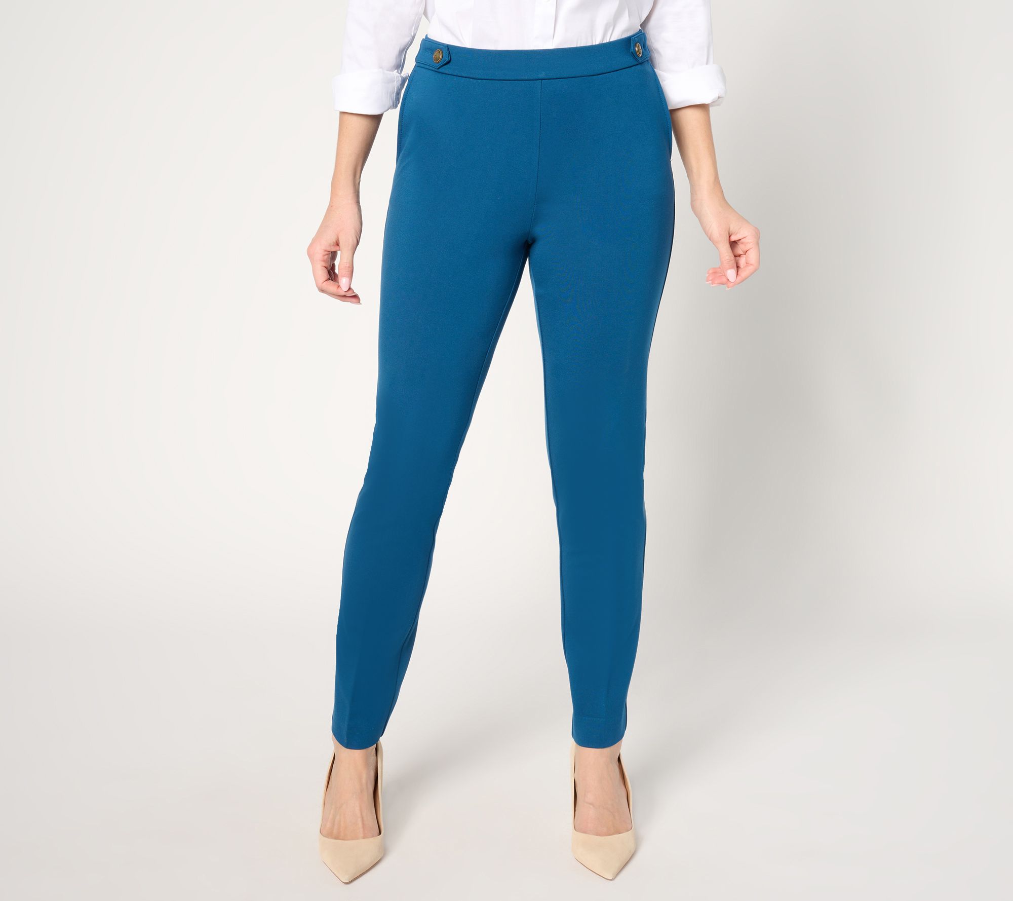 "As Is" Susan Graver Regular Smart Ponte 350 Slim Pants with Waistband Tabs
