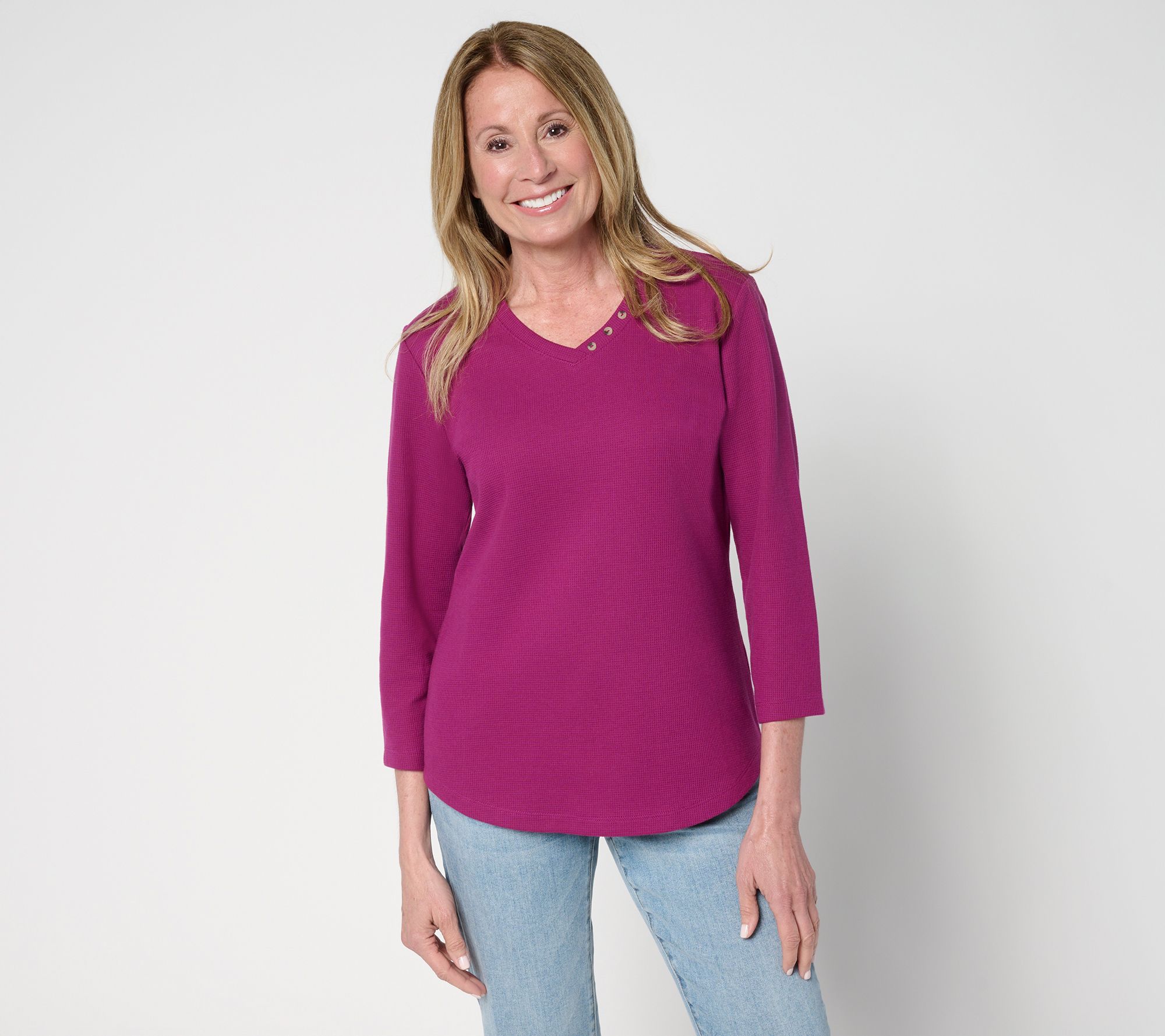 Denim & Co. Essentials Waffle Knit V-Neck Top w/ Button Detail