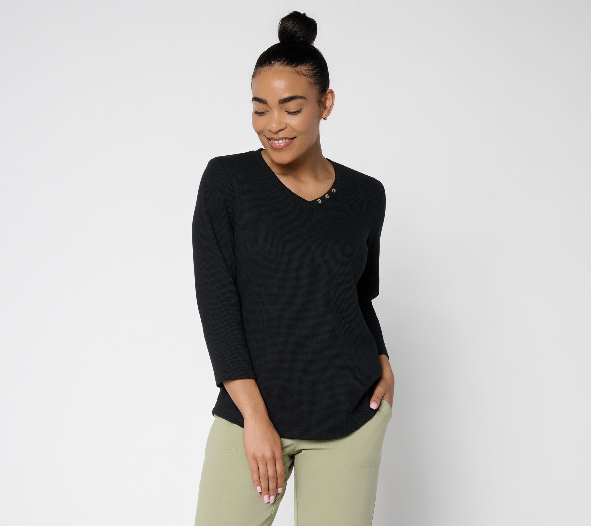 Denim & Co. Essentials Waffle Knit V-Neck Top w/ Button Detail