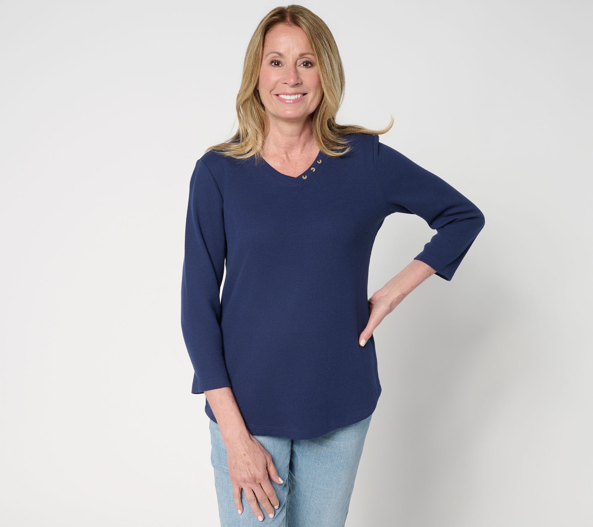 Denim & Co. Essentials Waffle Knit V-Neck Top w/ Button Detail