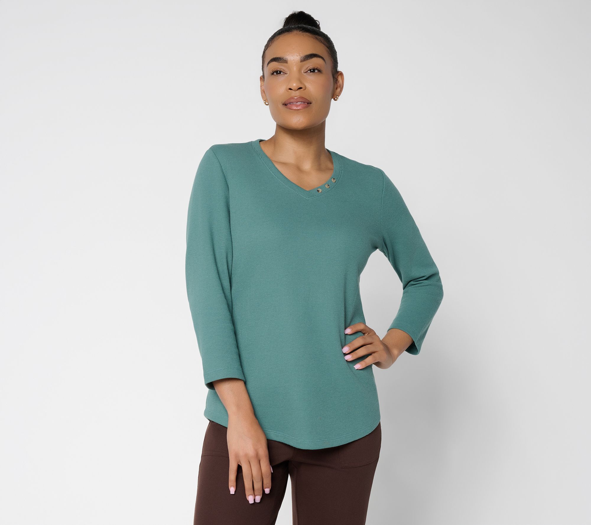 Denim & Co. Essentials Waffle Knit V-Neck Top w/ Button Detail