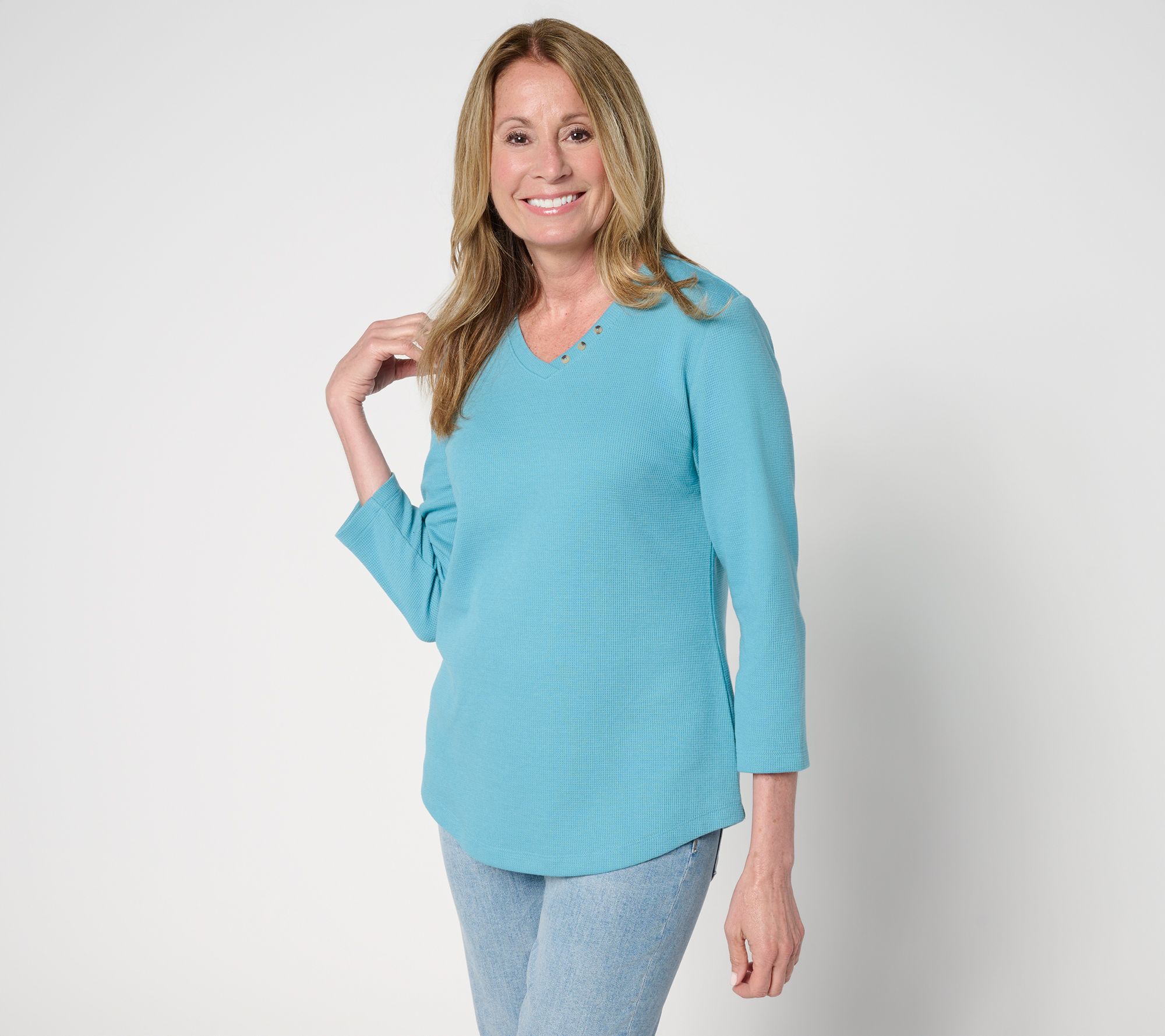 Denim & Co. Essentials Waffle Knit V-Neck Top w/ Button Detail