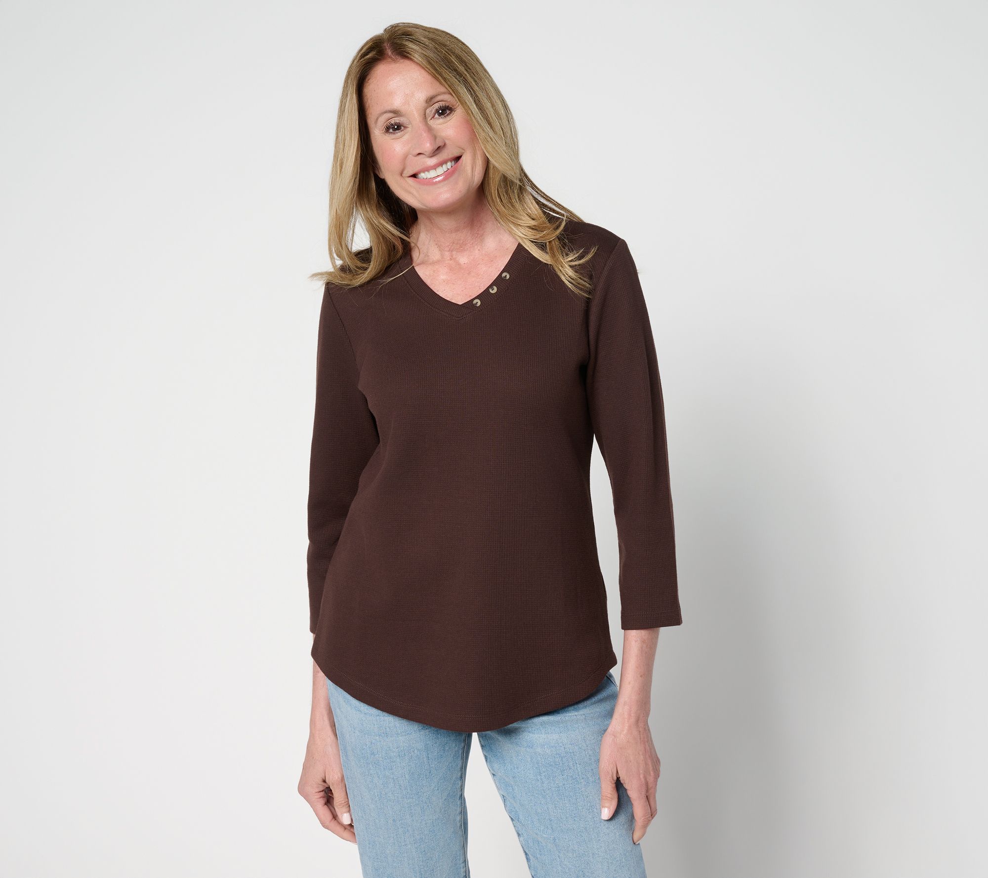 Denim & Co. Essentials Waffle Knit V-Neck Top w/ Button Detail