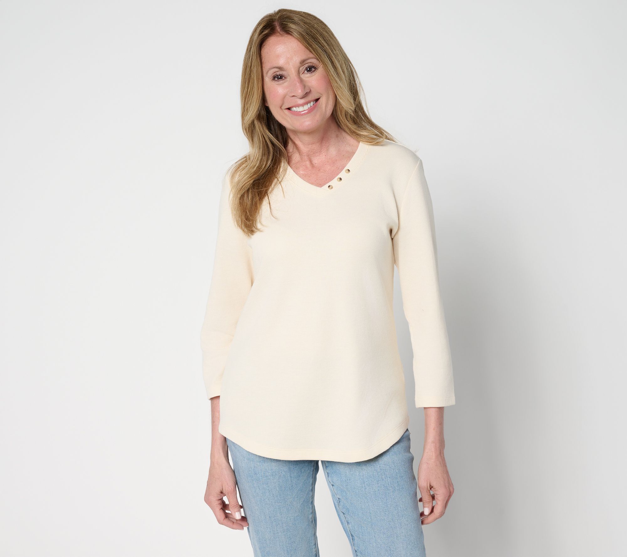 Denim & Co. Essentials Waffle Knit V-Neck Top w/ Button Detail