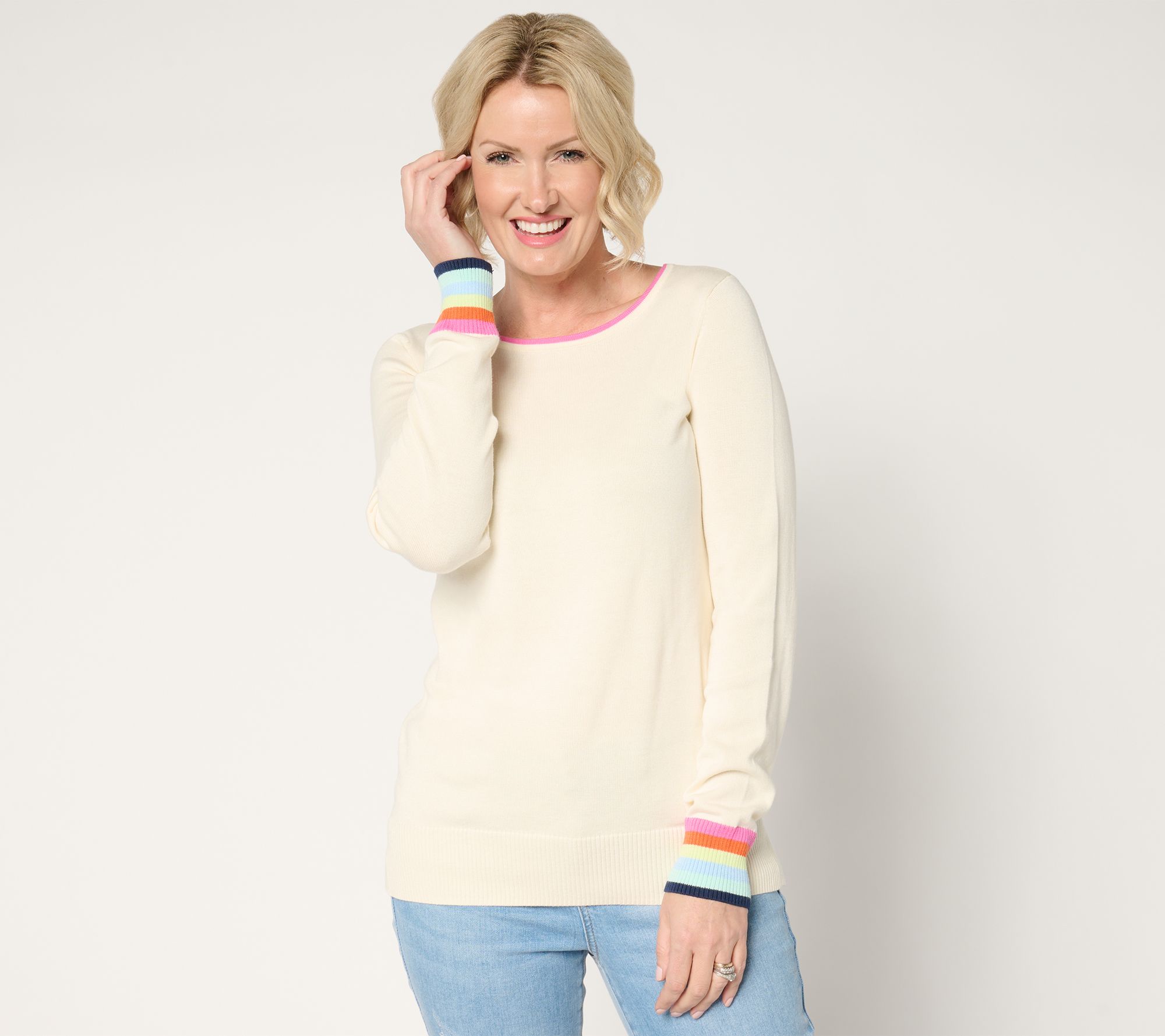 "As Is" Belle by Kim Gravel Preppy Rainbow Cuff Sweater