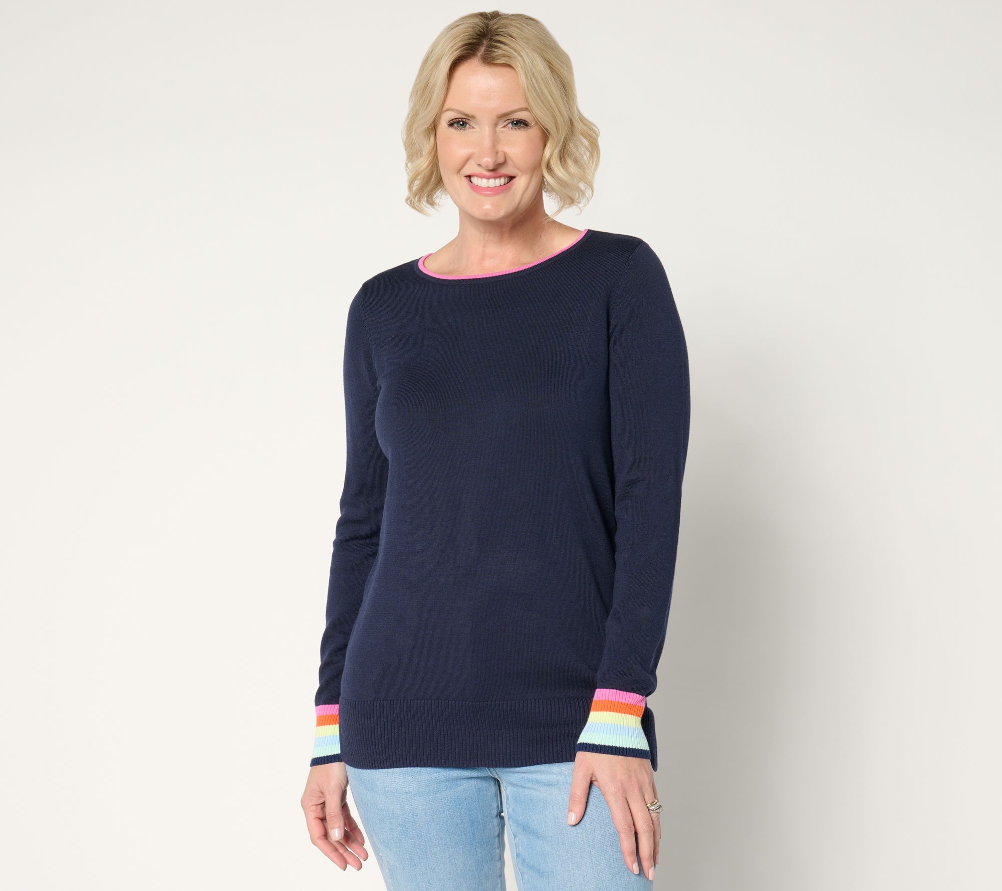 "As Is" Belle by Kim Gravel Preppy Rainbow Cuff Sweater