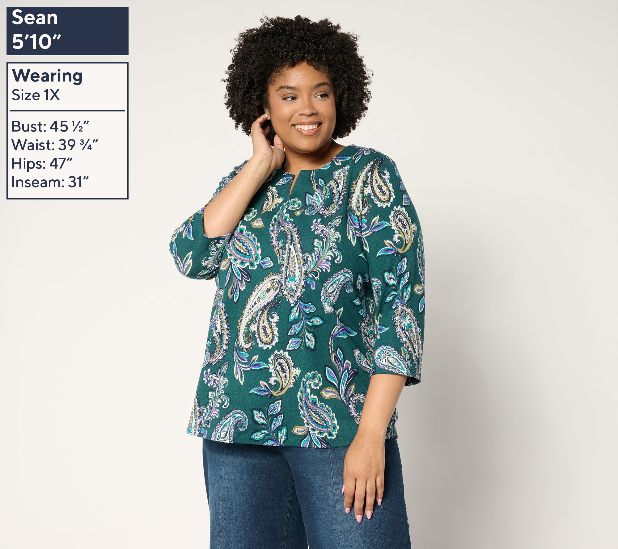 トップス 88101019 Denim & Co. Printed Heavenly Jersey Split V-Neck 3/4 Sleeve