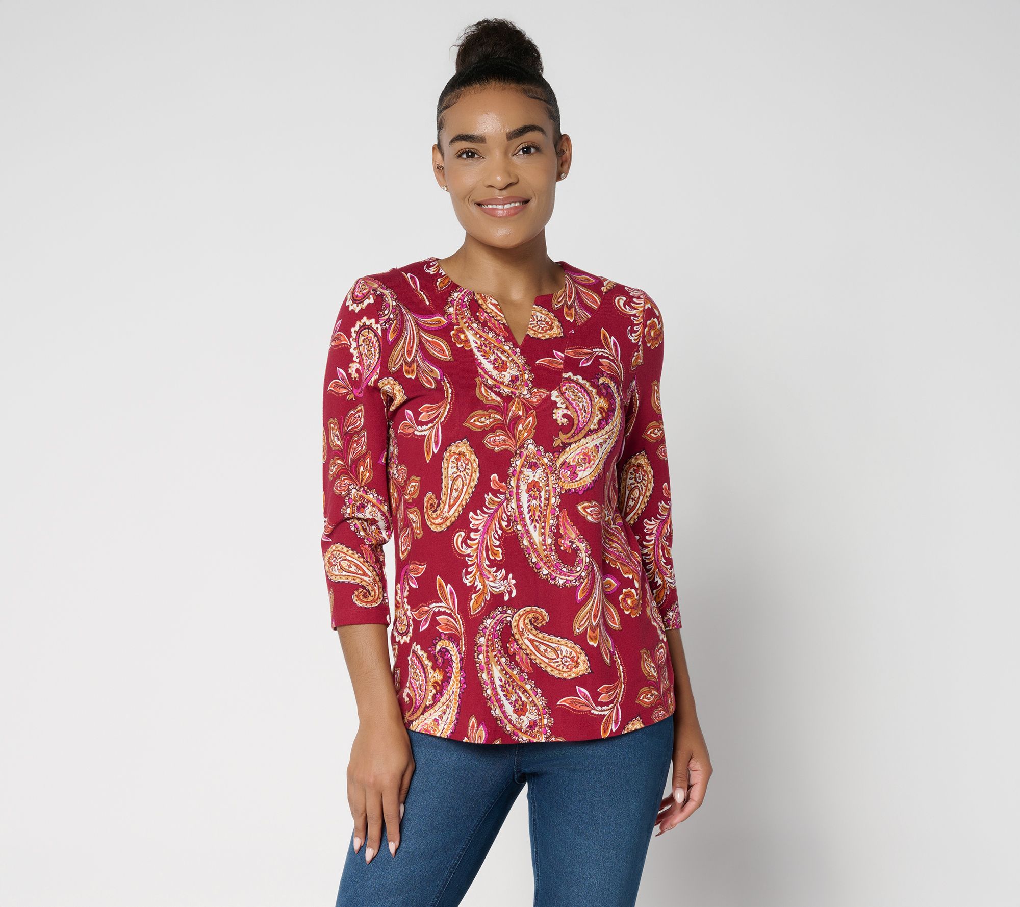 Denim & Co. Printed Heavenly Jersey Split V-Neck 3/4 Sleeve Top