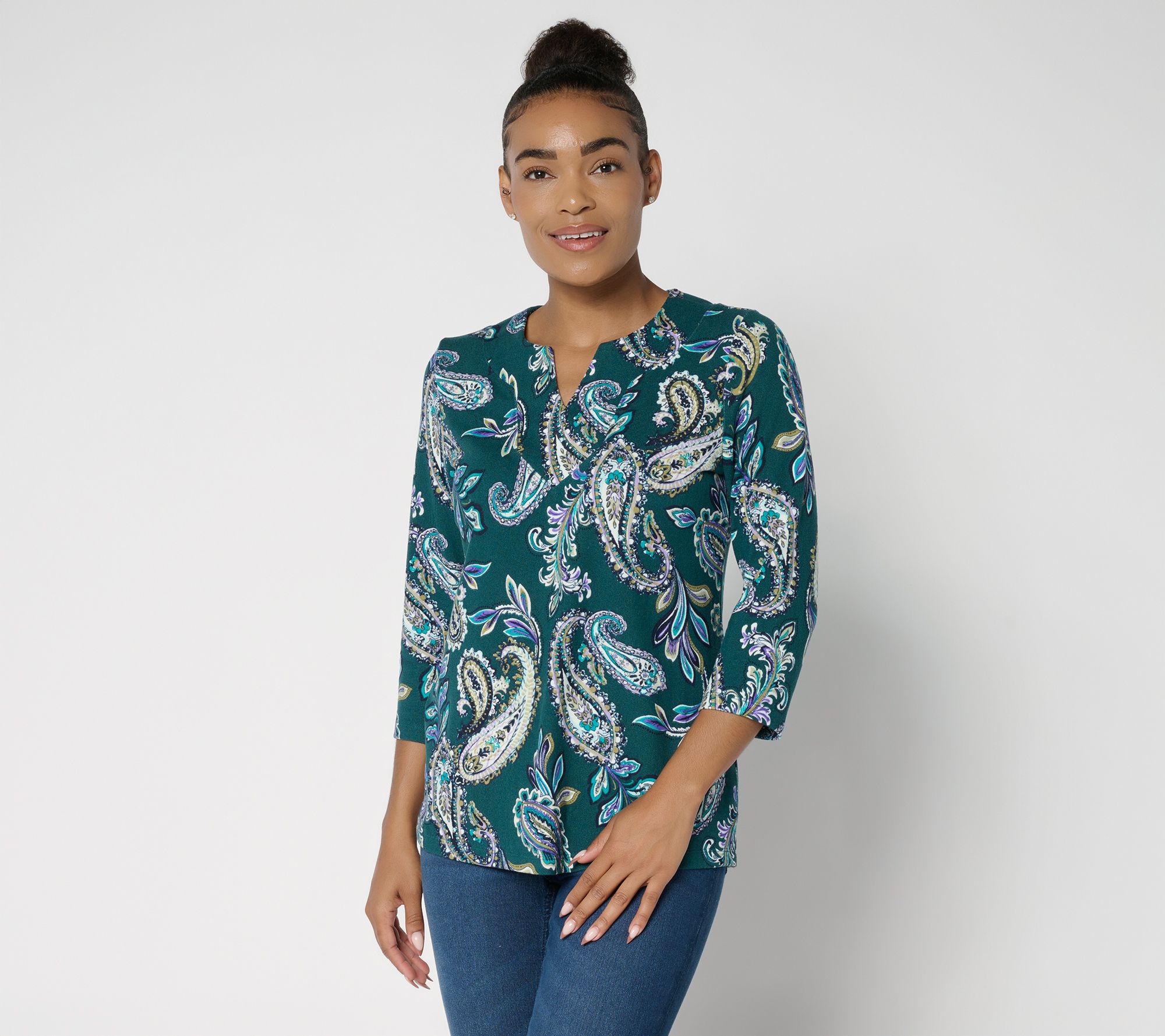 Denim & Co. Printed Heavenly Jersey Split V-Neck 3/4 Sleeve Top