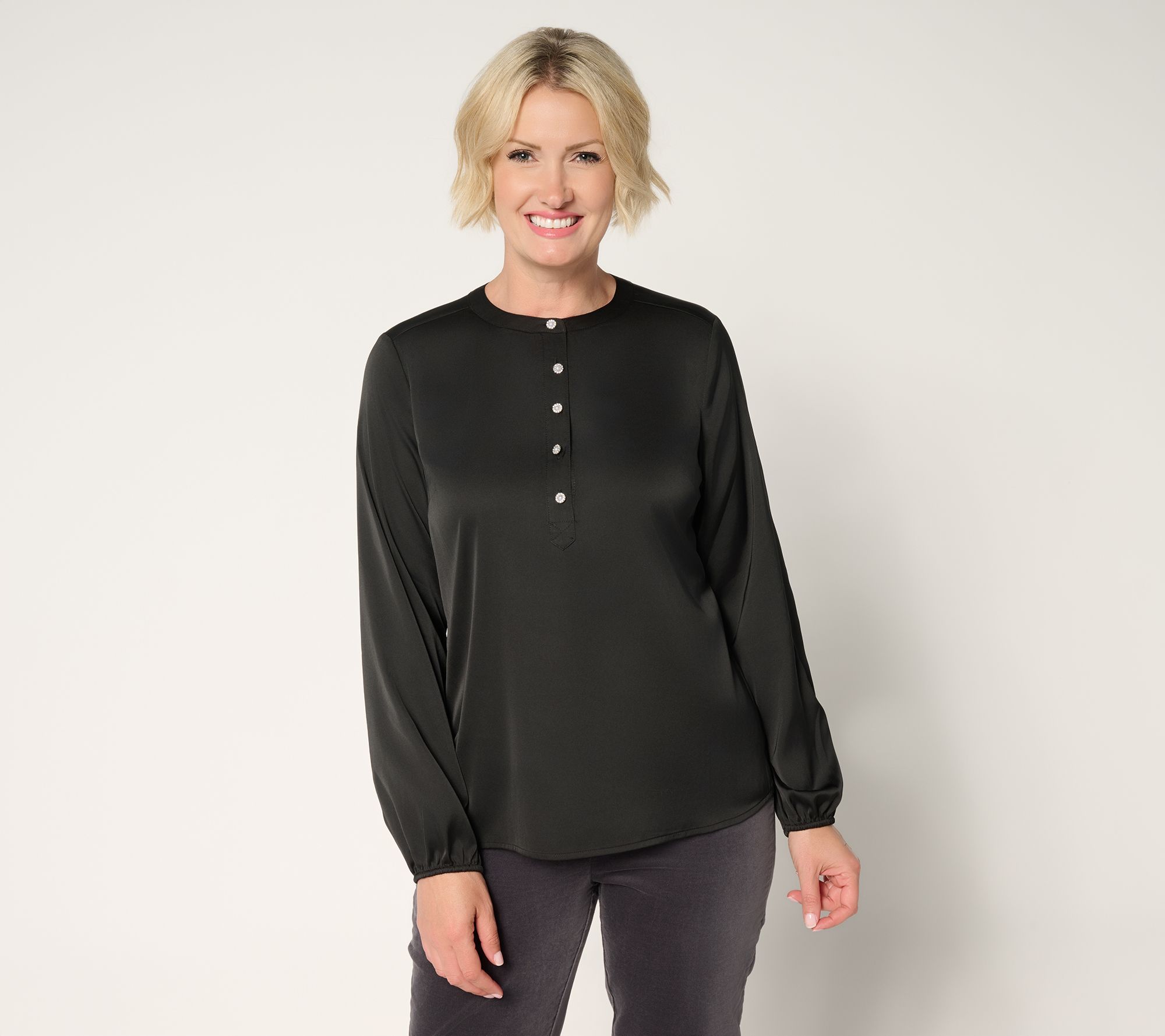 Denim & Co. Satin Long Sleeve Popover Blouse