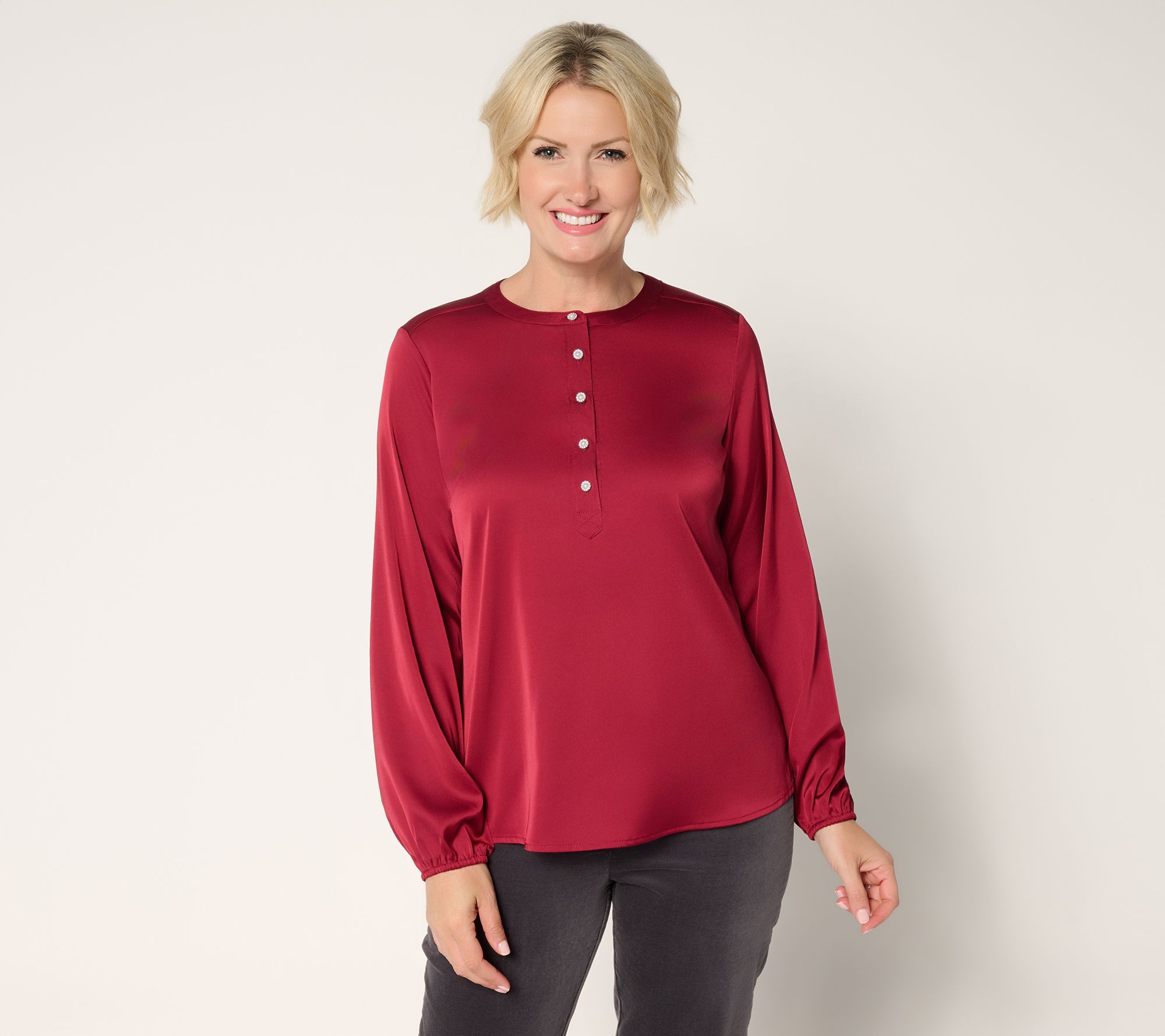 Denim & Co. Satin Long Sleeve Popover Blouse