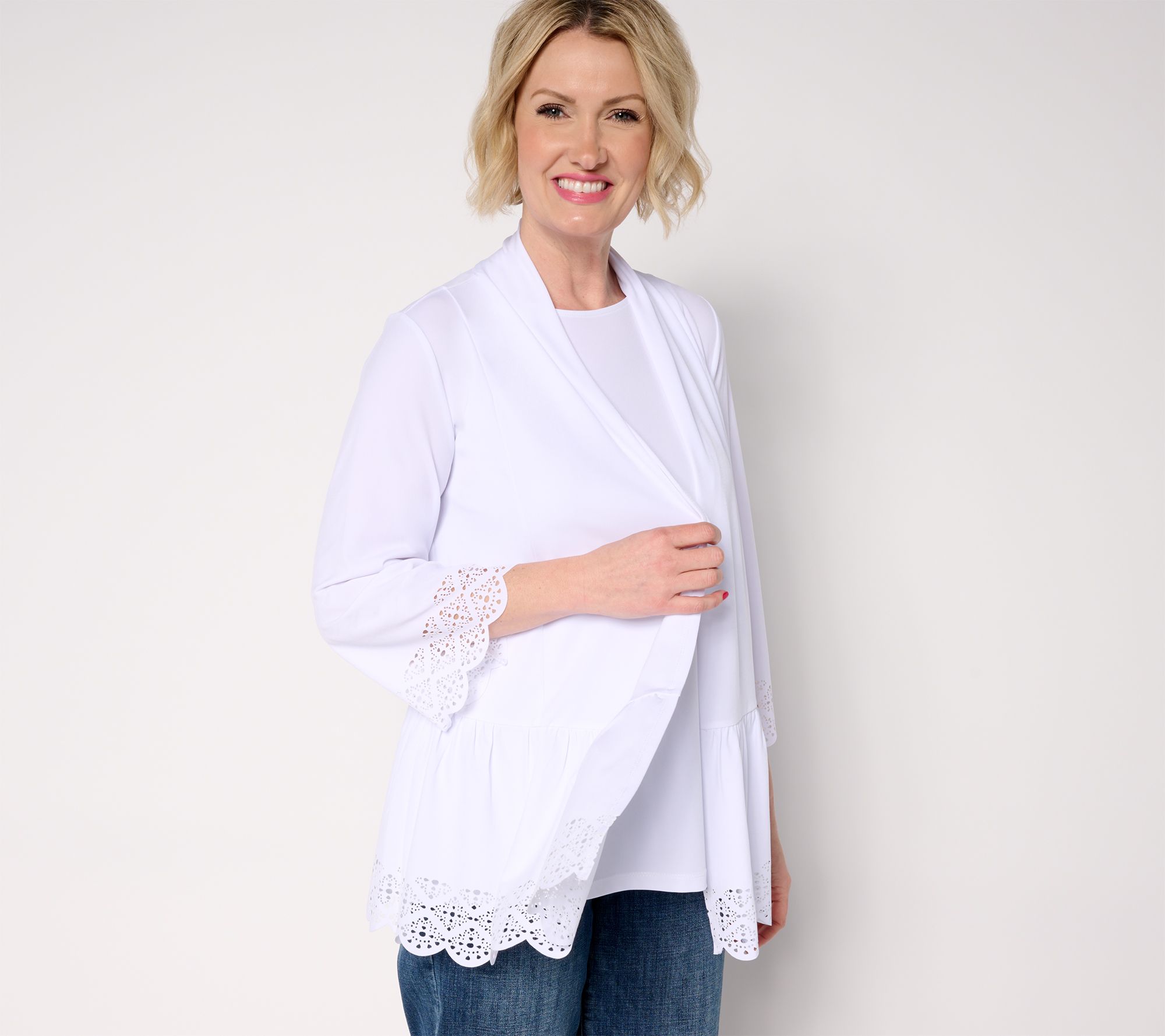 "As Is" GRAVER Susan Graver Petite Liquid Knit Tiered Lazer Cardigan