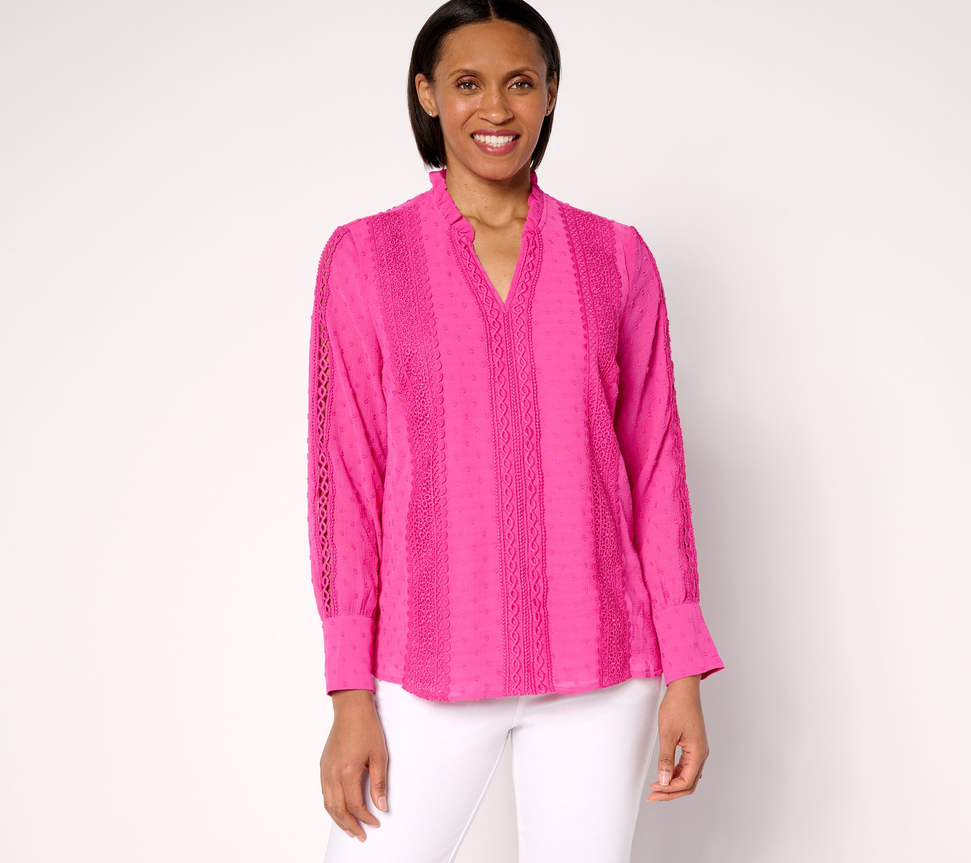 "As Is" Belle by Kim Gravel Swiss Dot Lace Trim Blouse