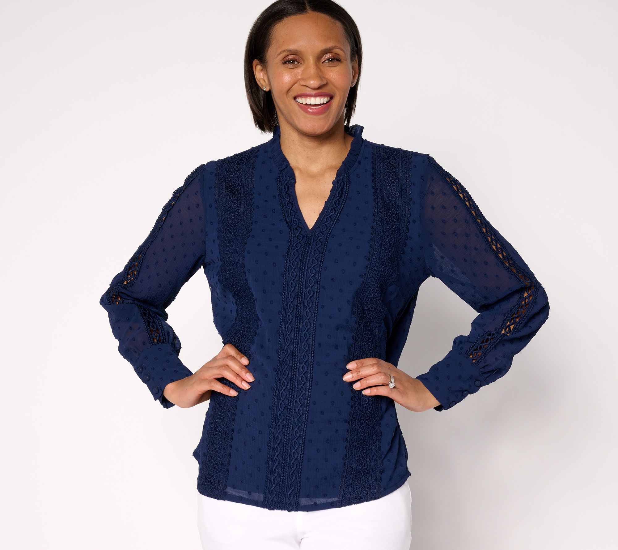 "As Is" Belle by Kim Gravel Swiss Dot Lace Trim Blouse