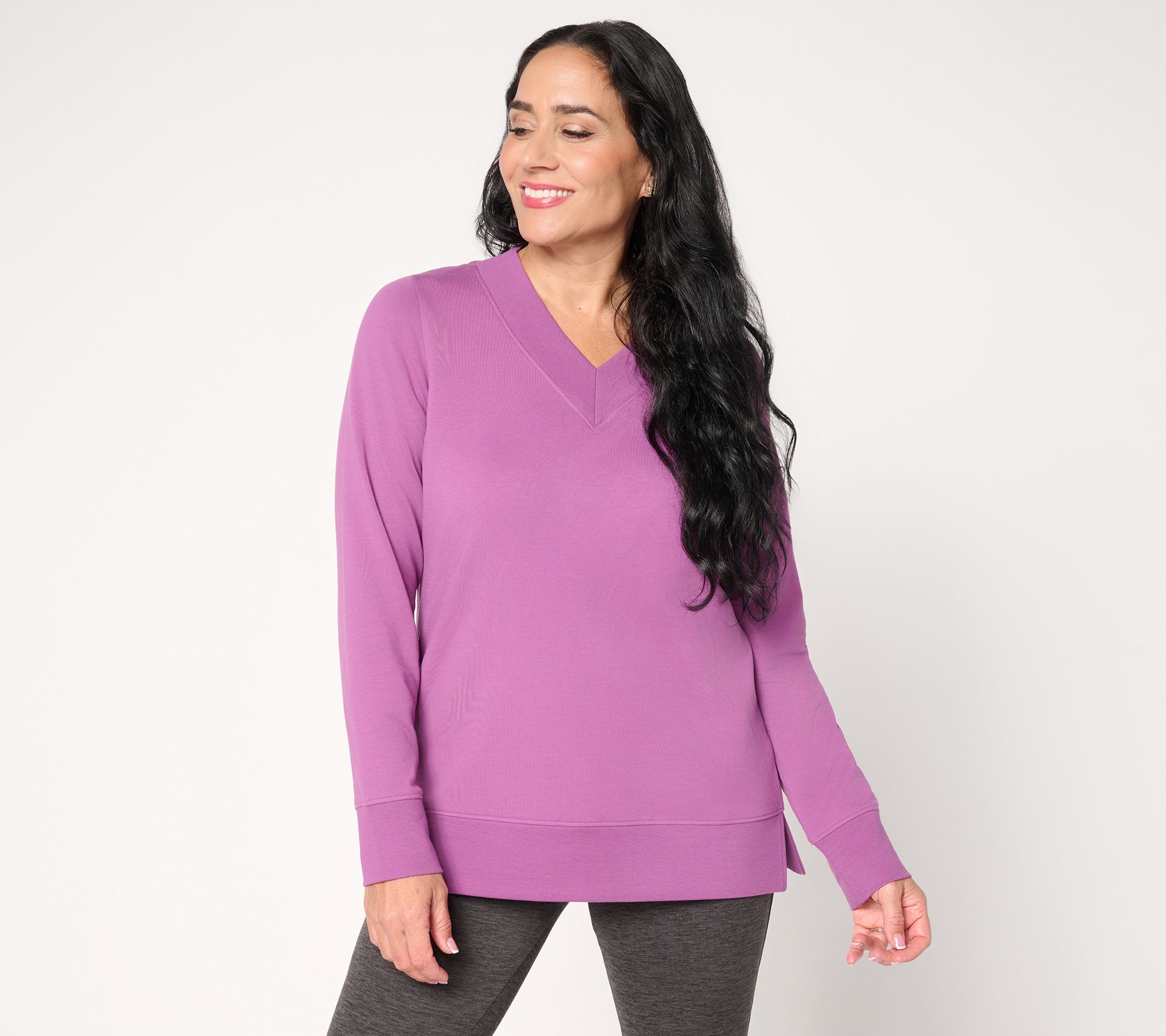 Denim & Co. Active Brushed Back French Terry V-Neck Top