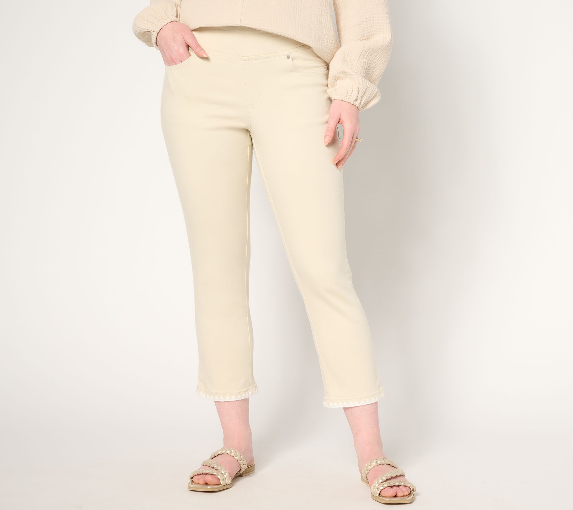"As Is" Belle by Kim Gravel Reg TripleLuxe Twill Crochet Trim Crop Jean