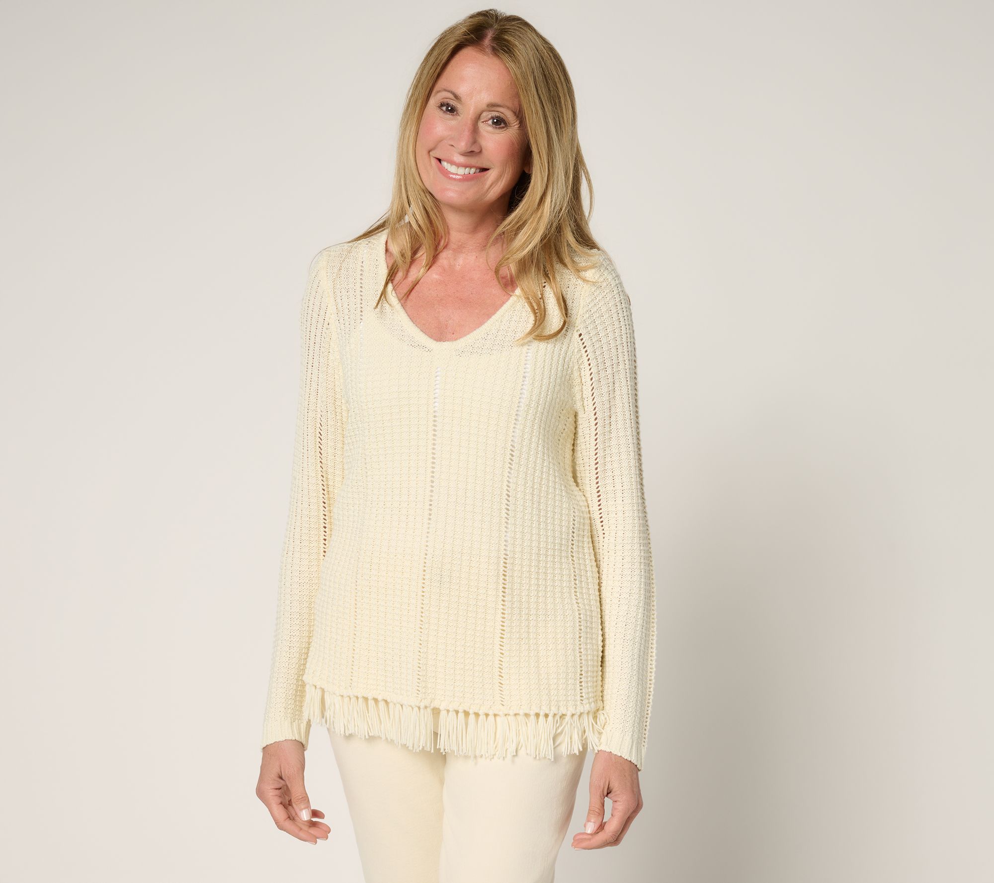 "As Is" Susan Graver Long Sleeve Fringe Hem Pointelle Sweater