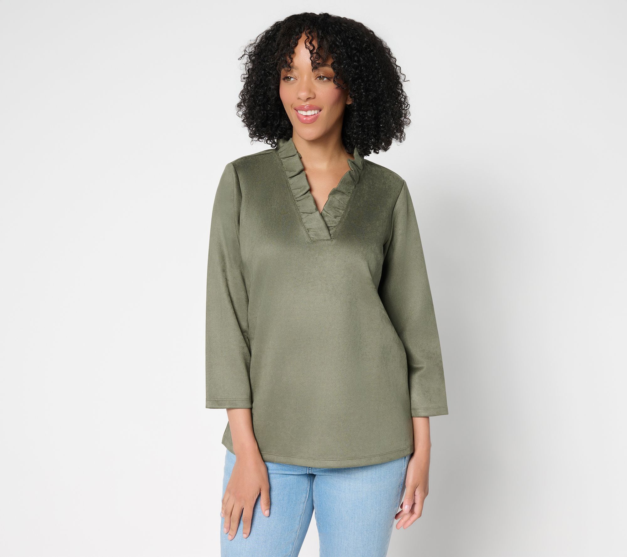 "As Is" Belle Boho by Kim Gravel PerSuede Me RuffleCollar V Neck Top