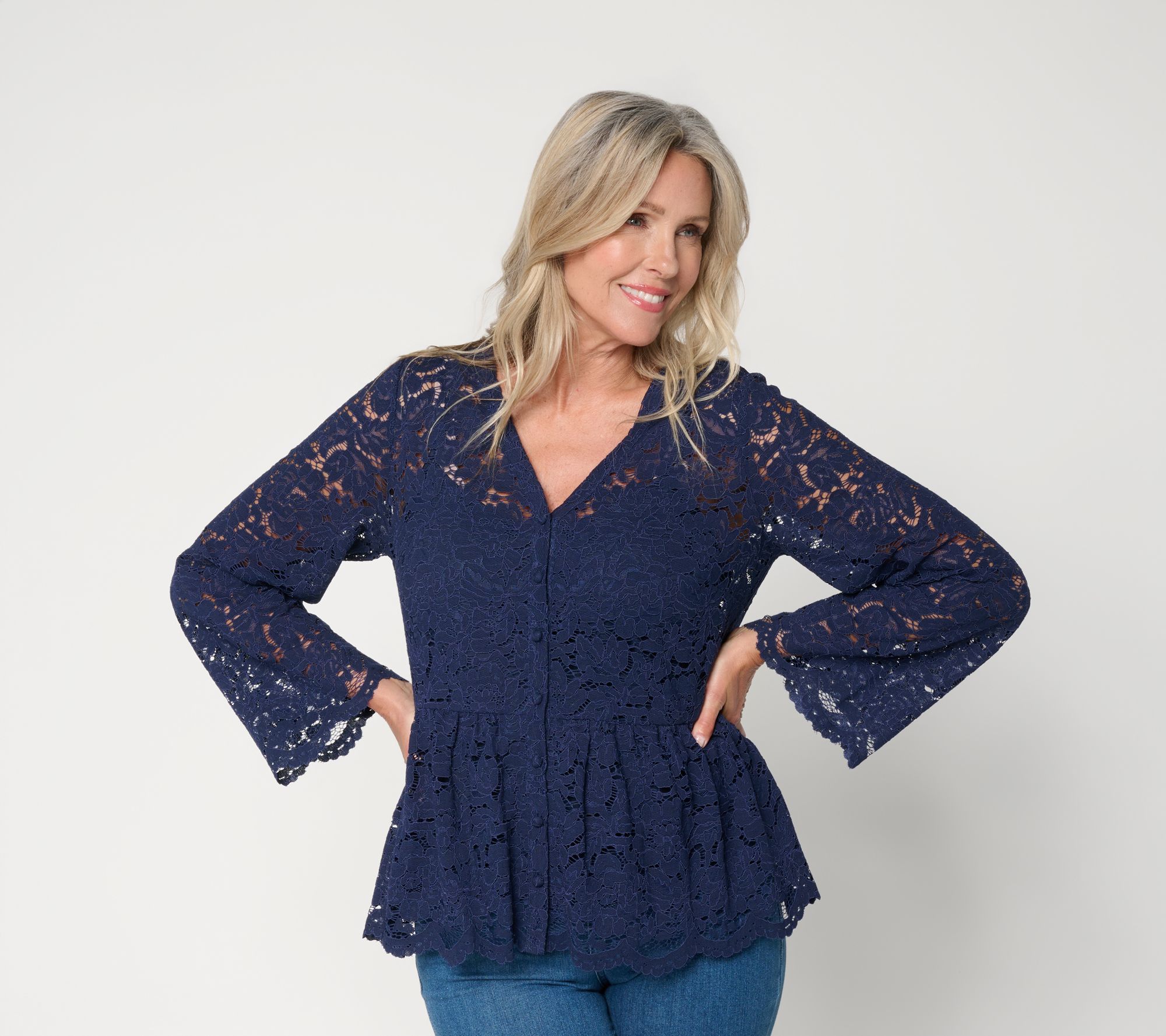 BEAUTIFUL by Lawrence Zarian Button Front Knit Lace Blouse w/ Cami