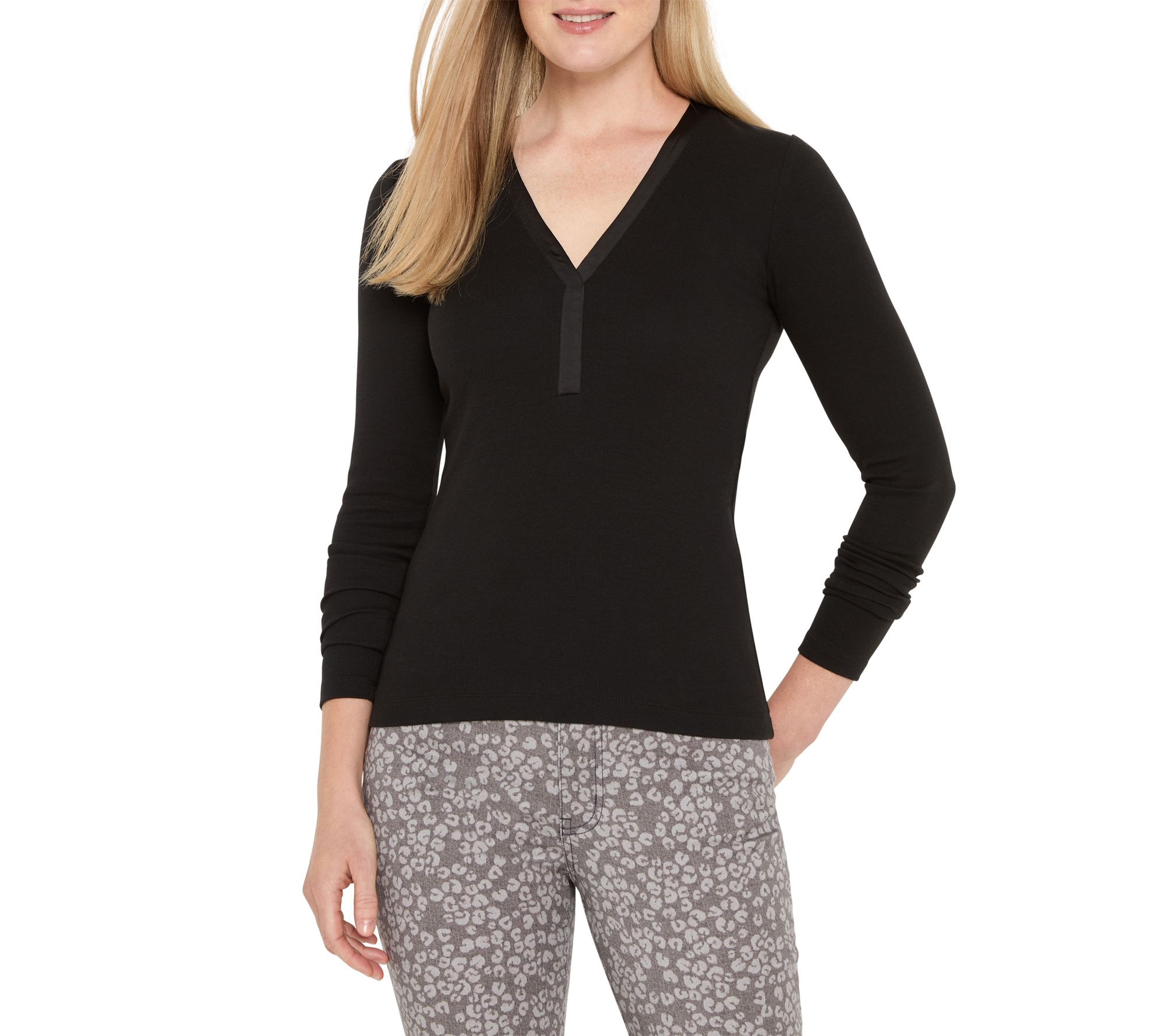 NIC+ZOE Trimmed Perfect Knit Rib V-Neck Top