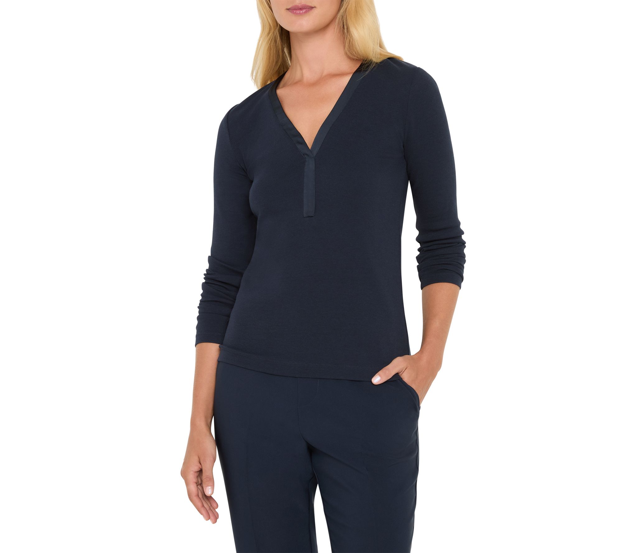 NIC+ZOE Trimmed Perfect Knit Rib V-Neck Top