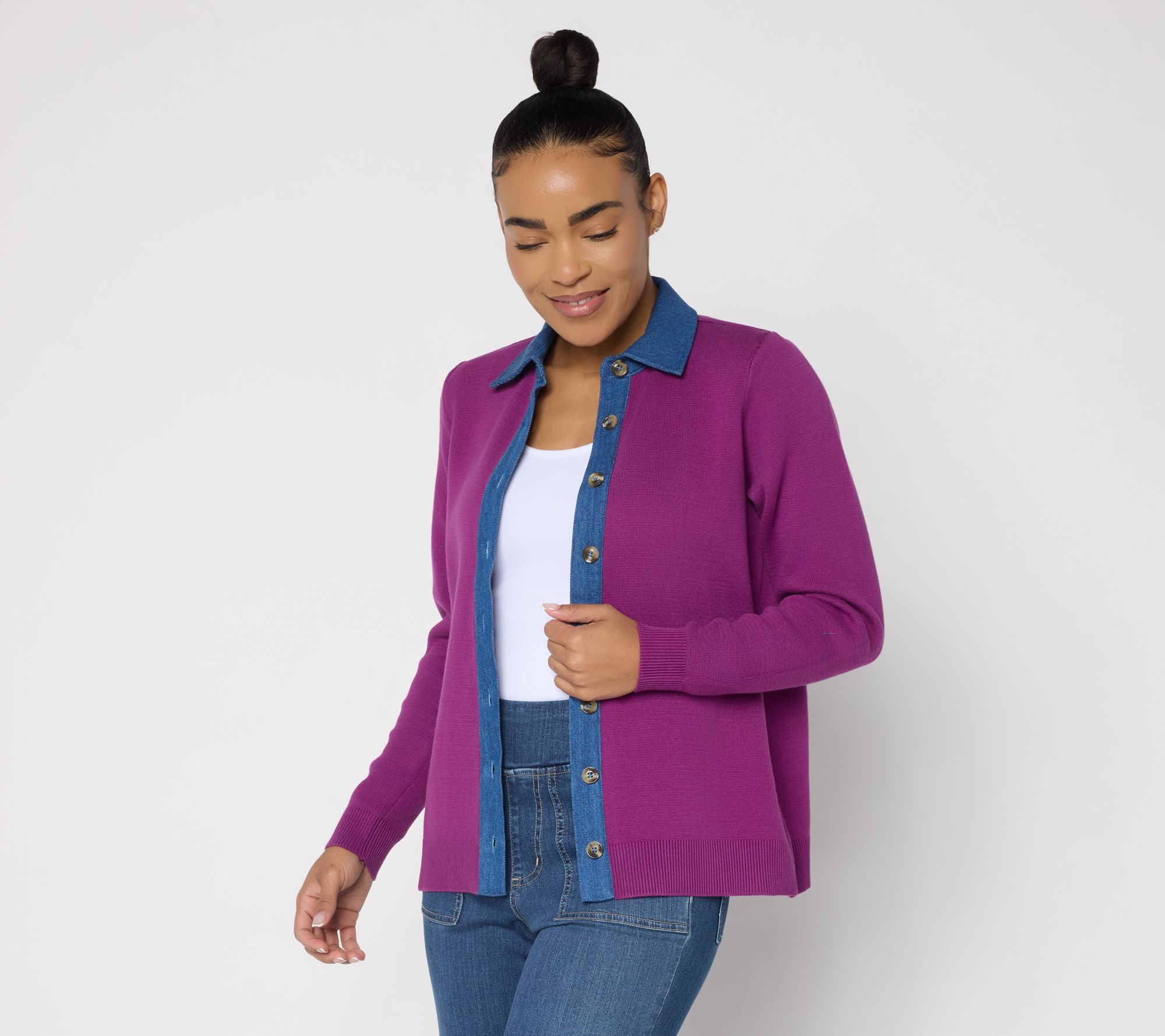 "As Is" Joan Rivers Sweater Cardigan with Collared Denim Inset