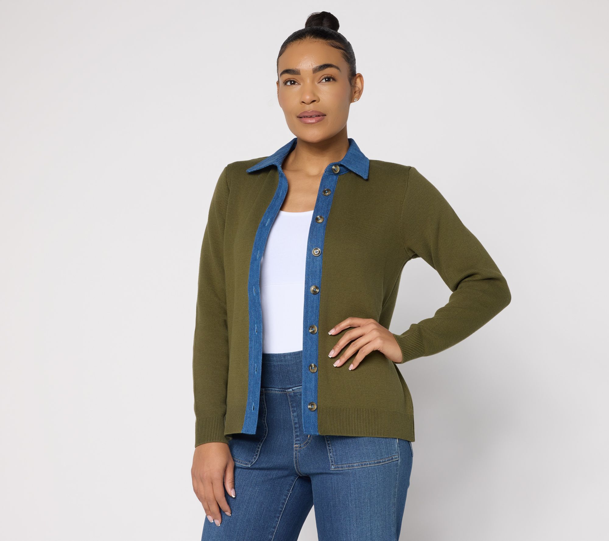 "As Is" Joan Rivers Sweater Cardigan with Collared Denim Inset