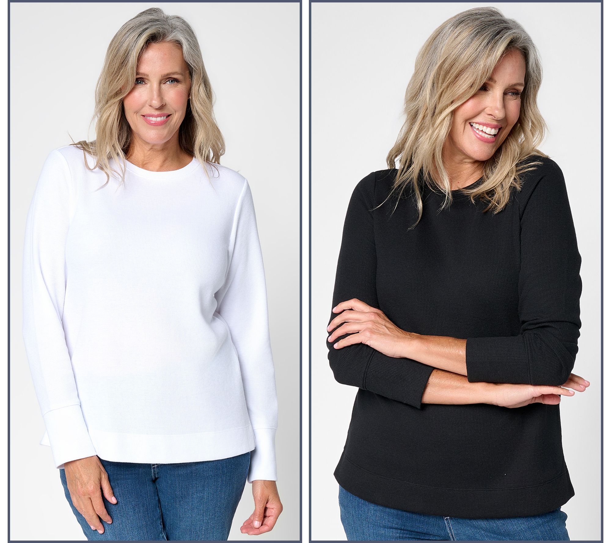 Denim & Co. Set of 2 Waffle Knit Long Sleeve Crew Neck Tops