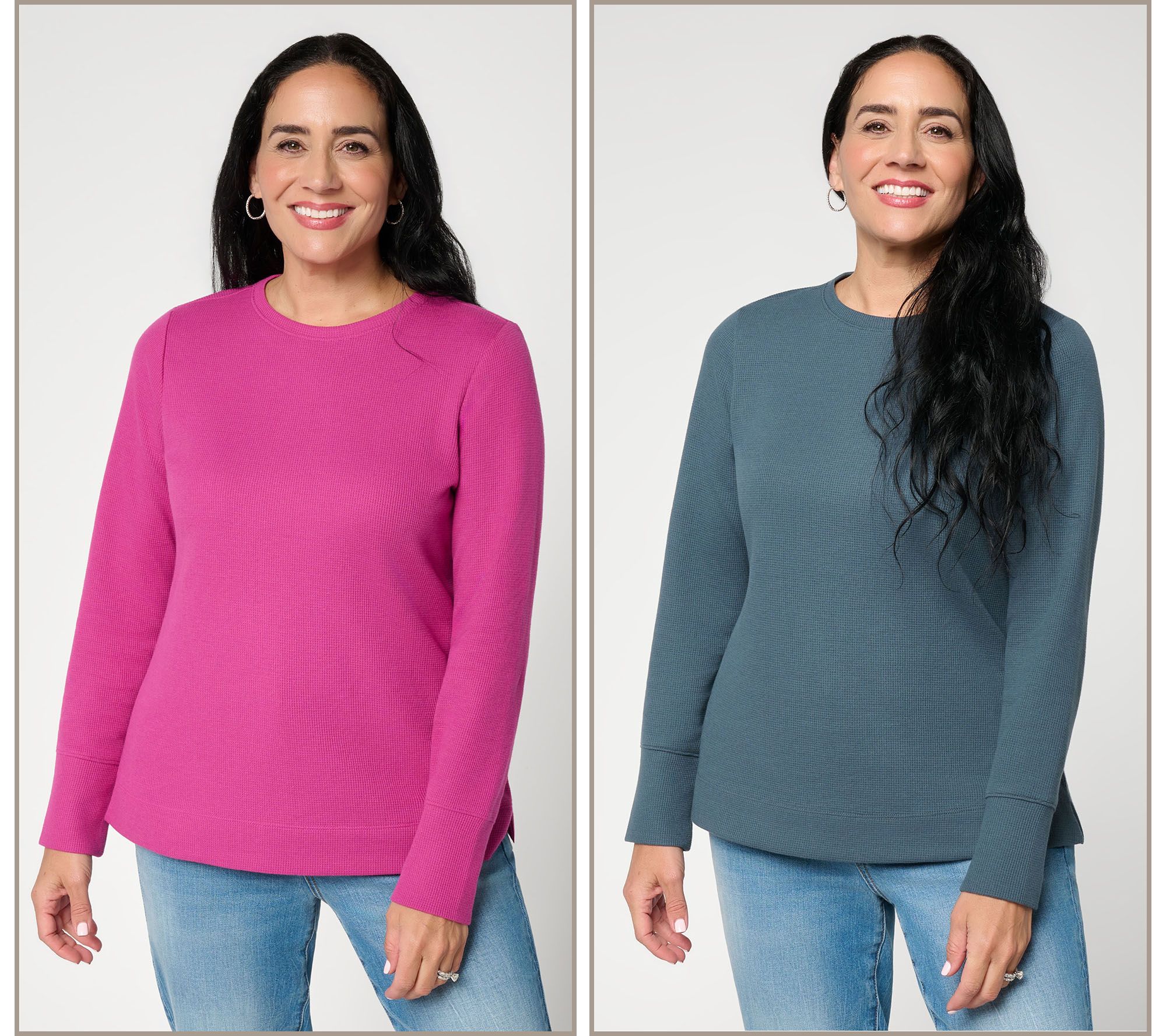 Denim & Co. Set of 2 Waffle Knit Long Sleeve Crew Neck Tops