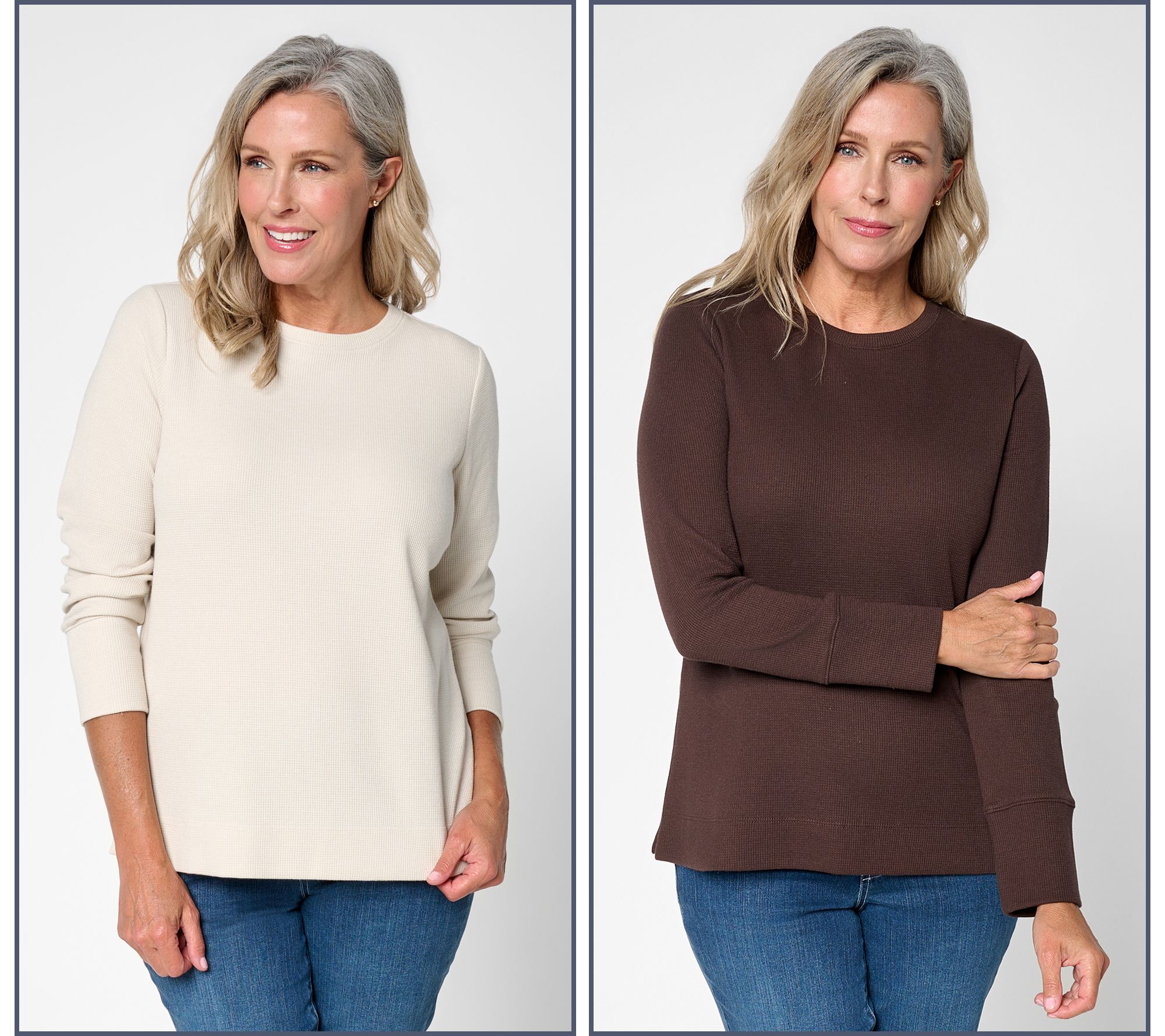 Denim & Co. Set of 2 Waffle Knit Long Sleeve Crew Neck Tops